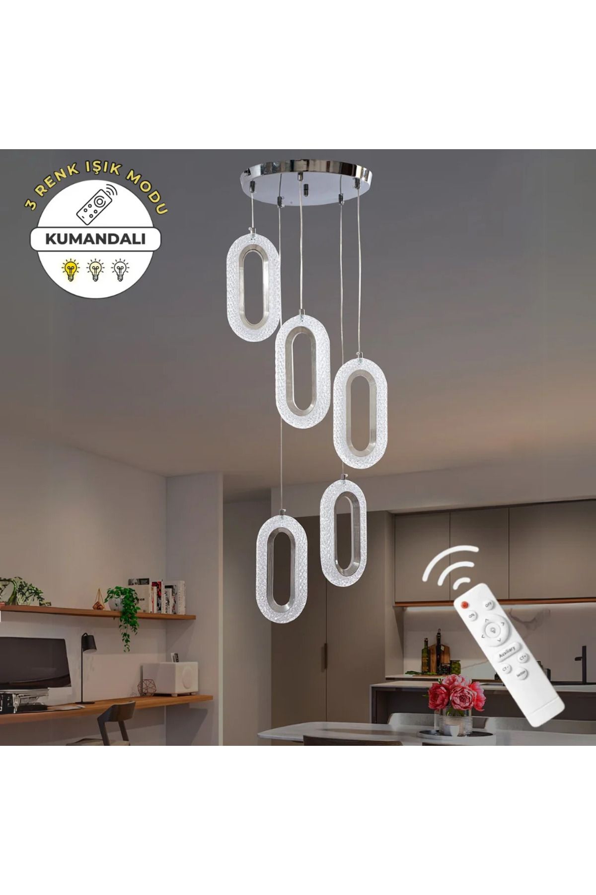 durulight Krom 5'li Lüks Kumandalı Dimmerli 3 Renk Ledli Avize Modern Led Avize
