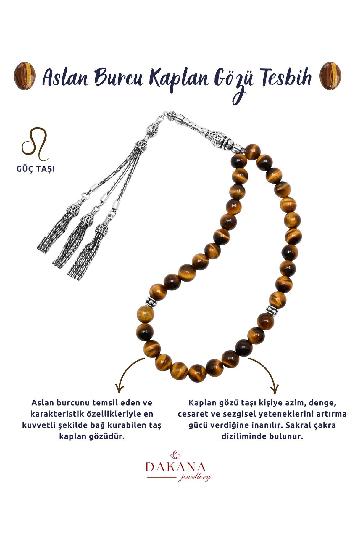 DAKANA JEWELLERY Sertifikalı Kaplan Gözü Taşı Aslan Burcu Gümüş Doğal Taş Tesbih