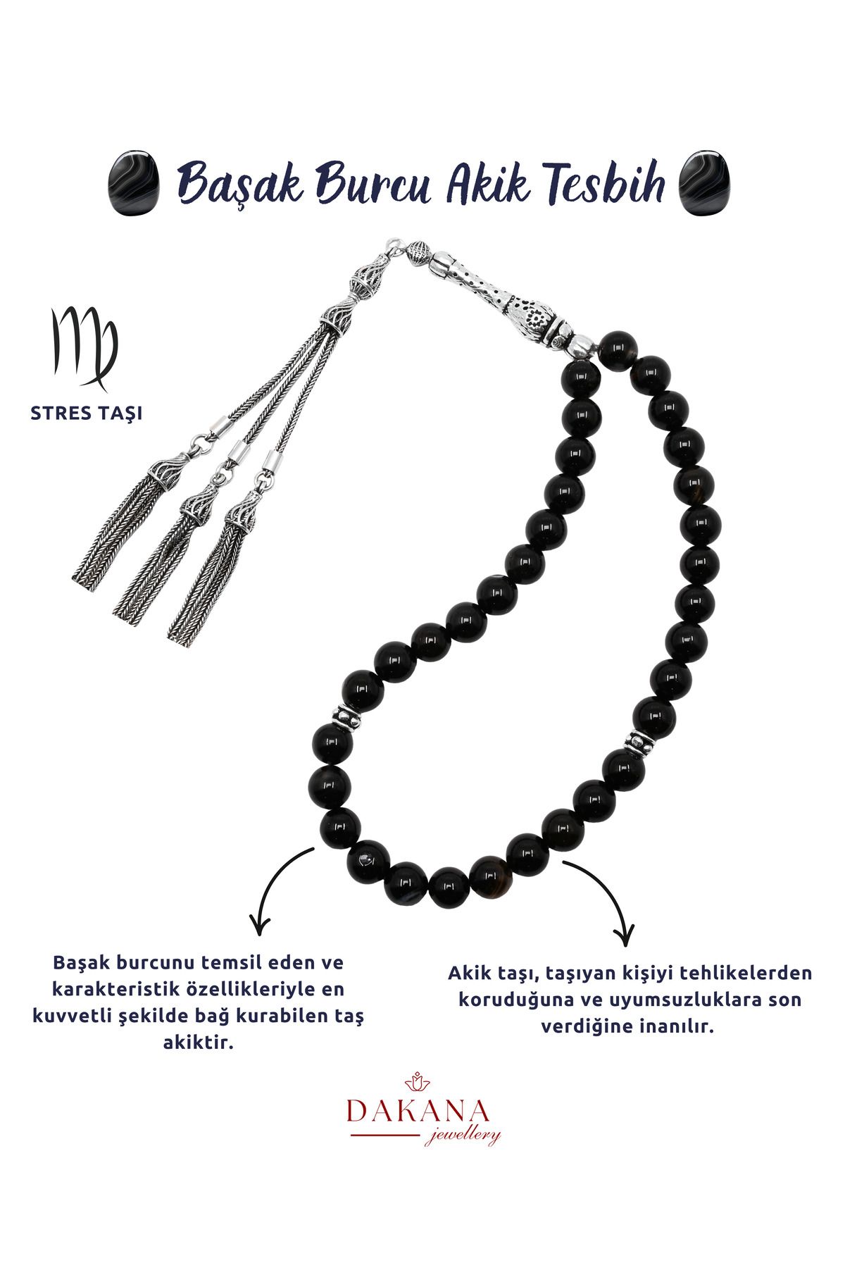 DAKANA JEWELLERY Sertifikalı Siyah Akik Taşı Başak Burcu Gümüş Doğal Taş Tesbih