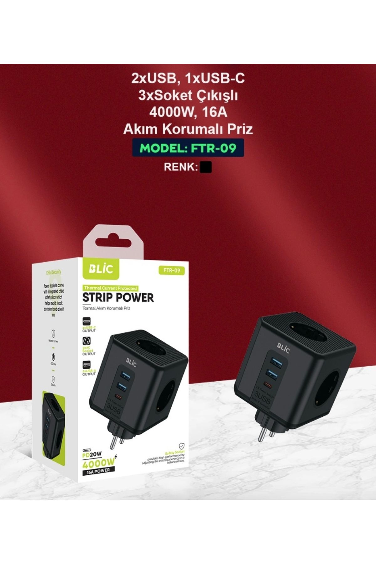 Blic ROSE TEKNOLOJİ 2 USB 1 TYPE-C 3 PRİZ ÇIKIŞLI 4000W 16A ÇOCUK KİLİDİ TERMAL AKIM KORUMALI PRİZ