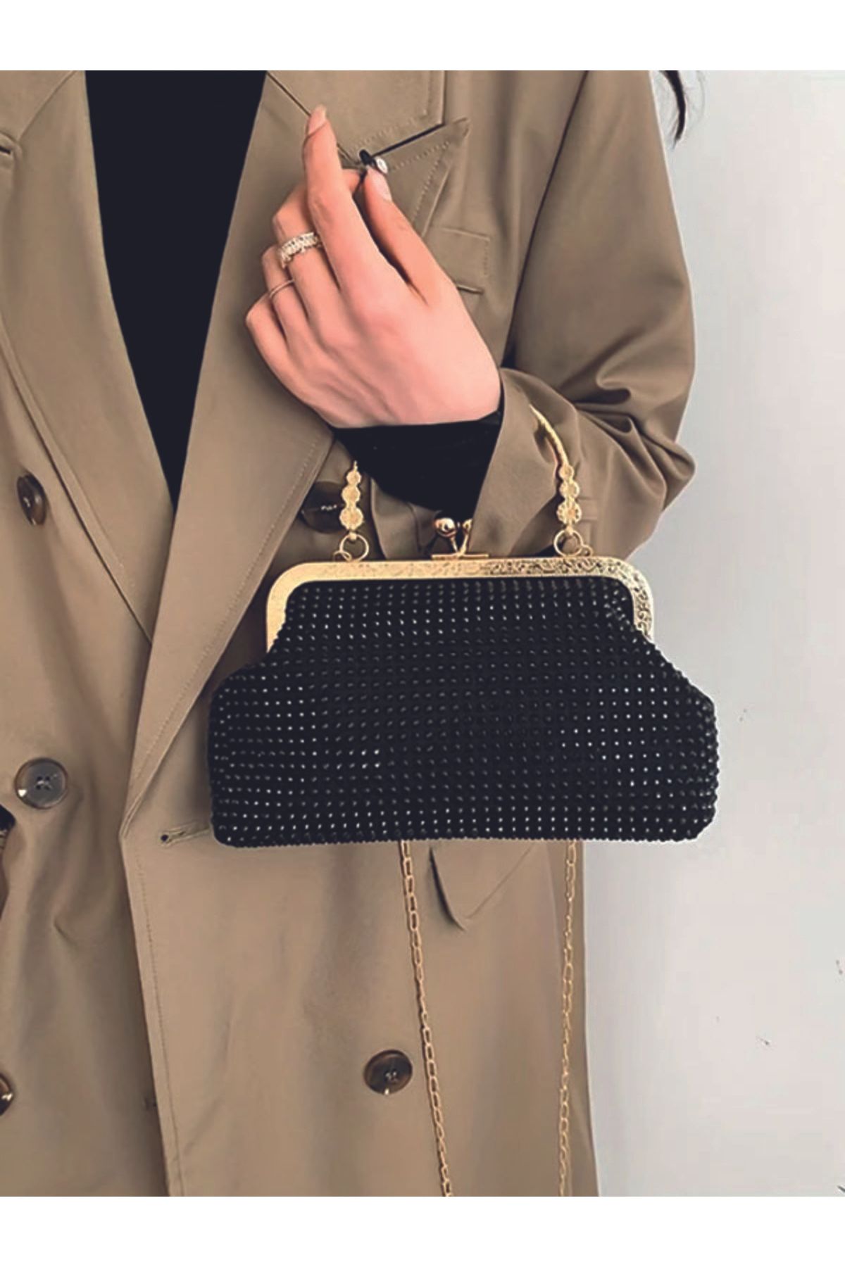 ÇANTA Taşlı Akşam Çantası, Altın Zincir El Çantası, Polyester Astar & Öpücük Kilidi Kadın Abiye Çanta