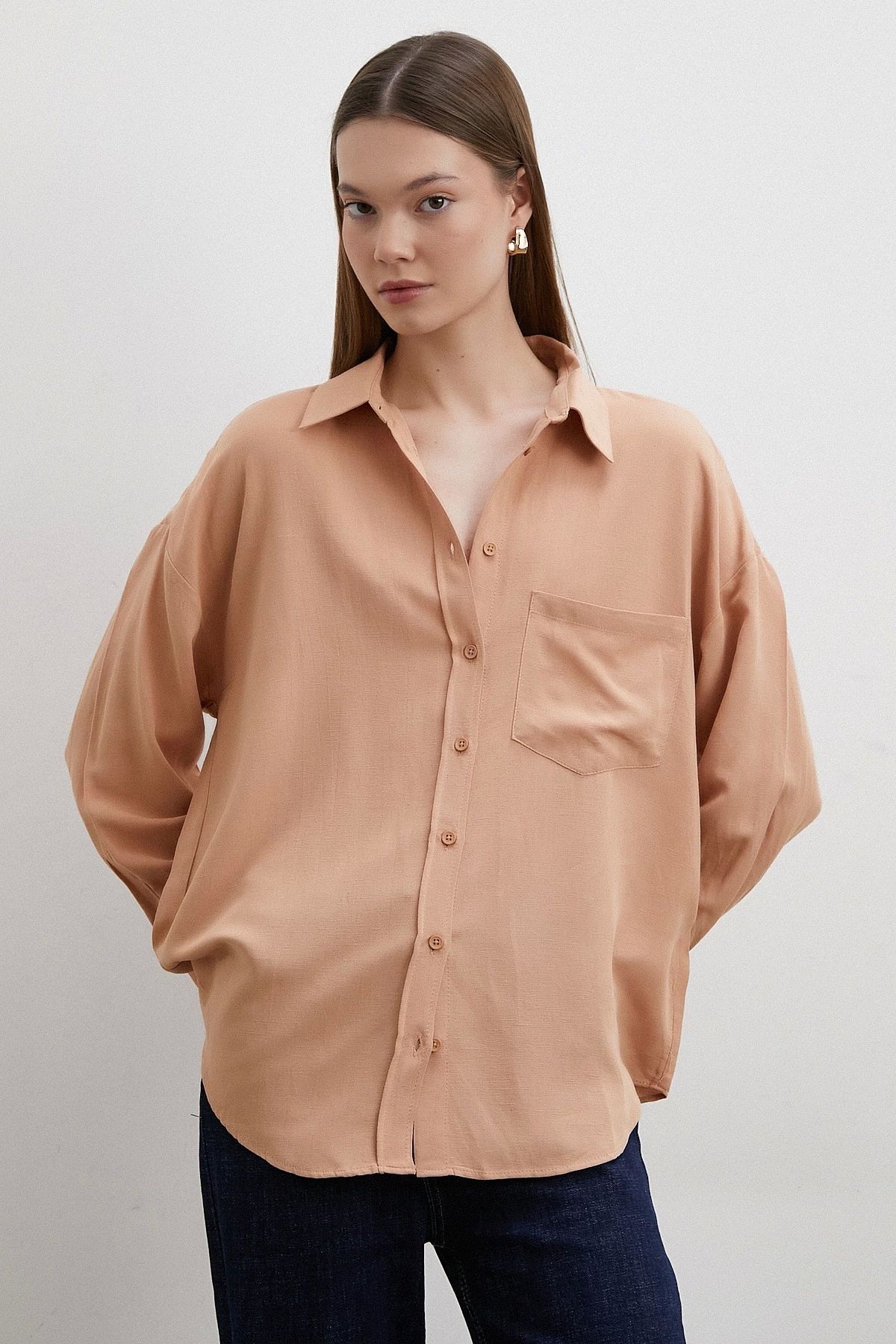 TRENDQUEL Keten Karışımlı Linen Prunes Gömlek Pudra