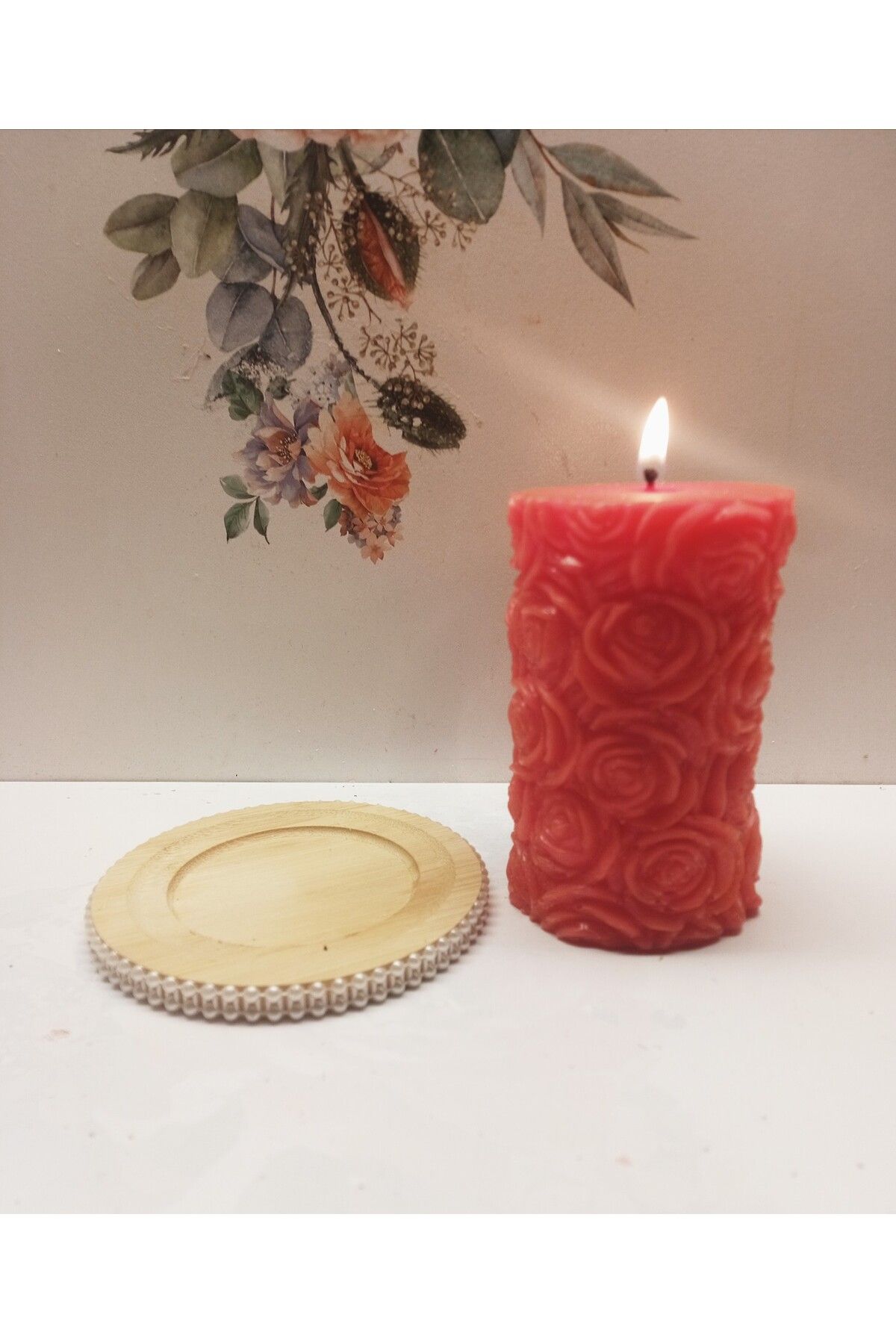 MADE SOYAWAX AROMA TERAPİ KOKULU ÇİÇEK DESENLİ MUM VE İNCİ DESENLİ AHŞAP MUM ALTLIĞI
