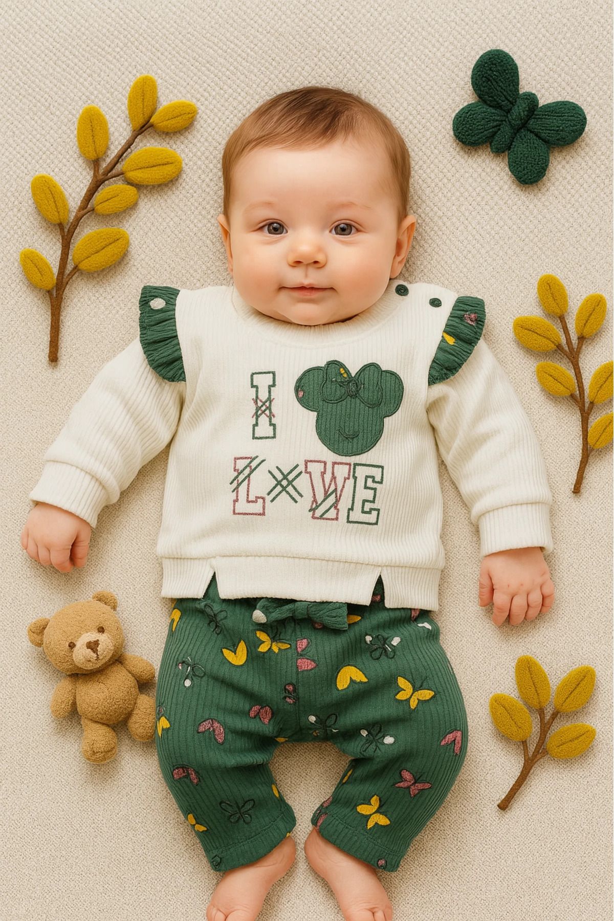 Çıldırıns I Love Minie Nakışlı Raporlu Kumaş 2’li Bebek Takım