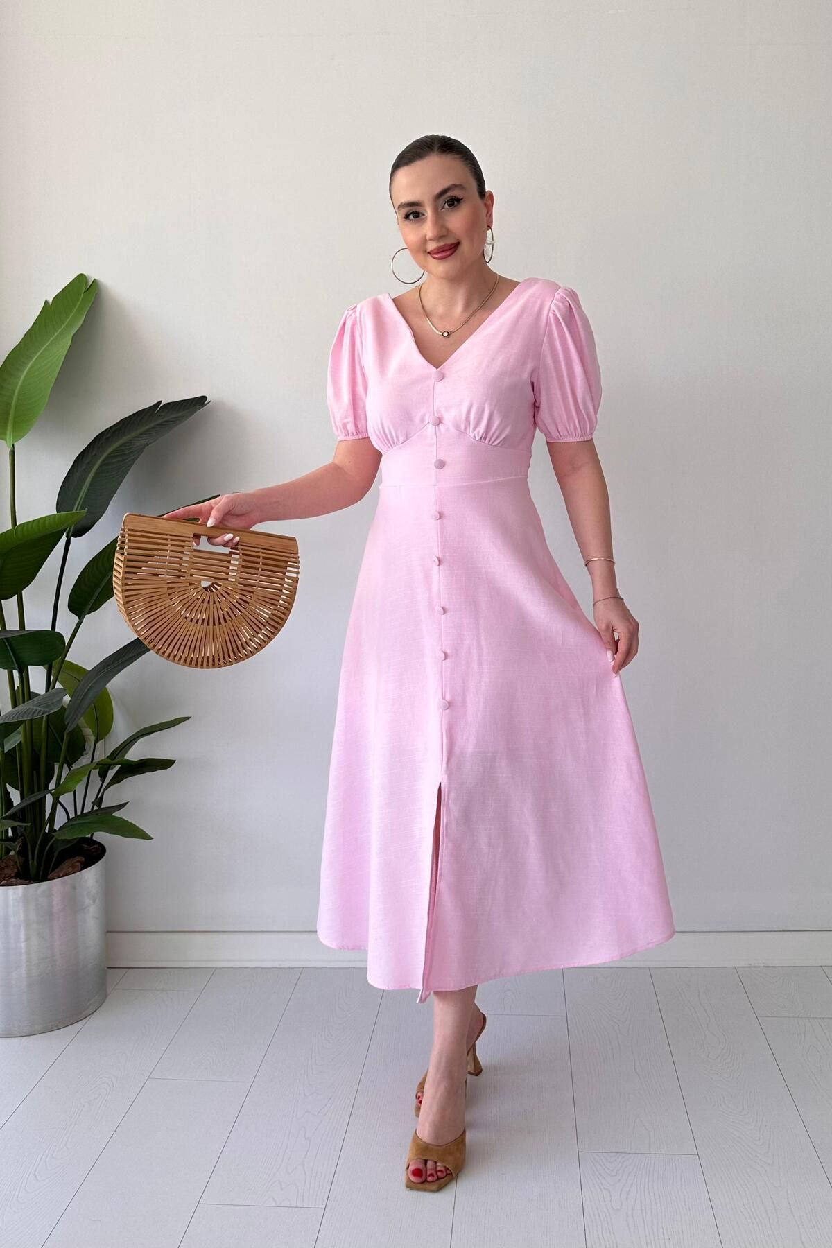 MaziButik Sıra Düğmeli Astarlı Elbise Pembe