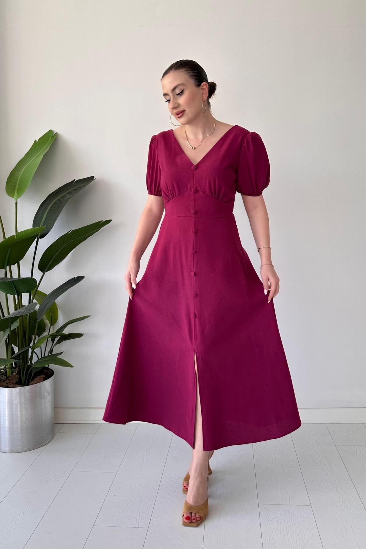 MaziButik Sıra Düğmeli Astarlı Elbise Bordo