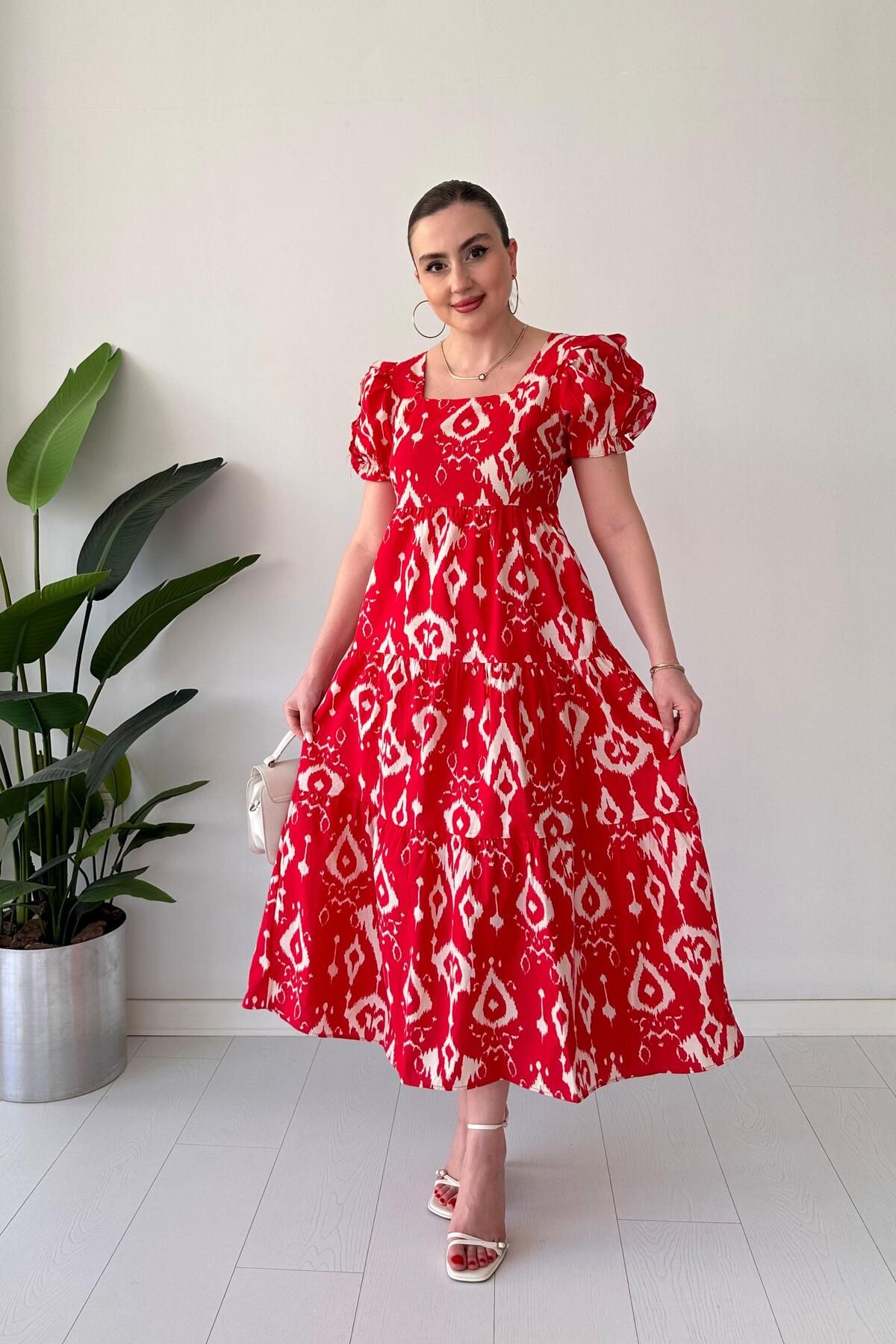MaziButik Motif Poplin Elbise Kırmızı