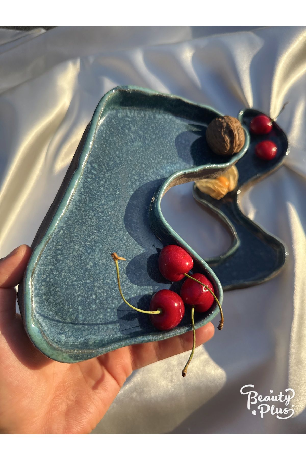 Whitecrow art Azure El Yapımı Organik Formlu Stoneware Seramik Tabak Seti – Gıdaya Uygun