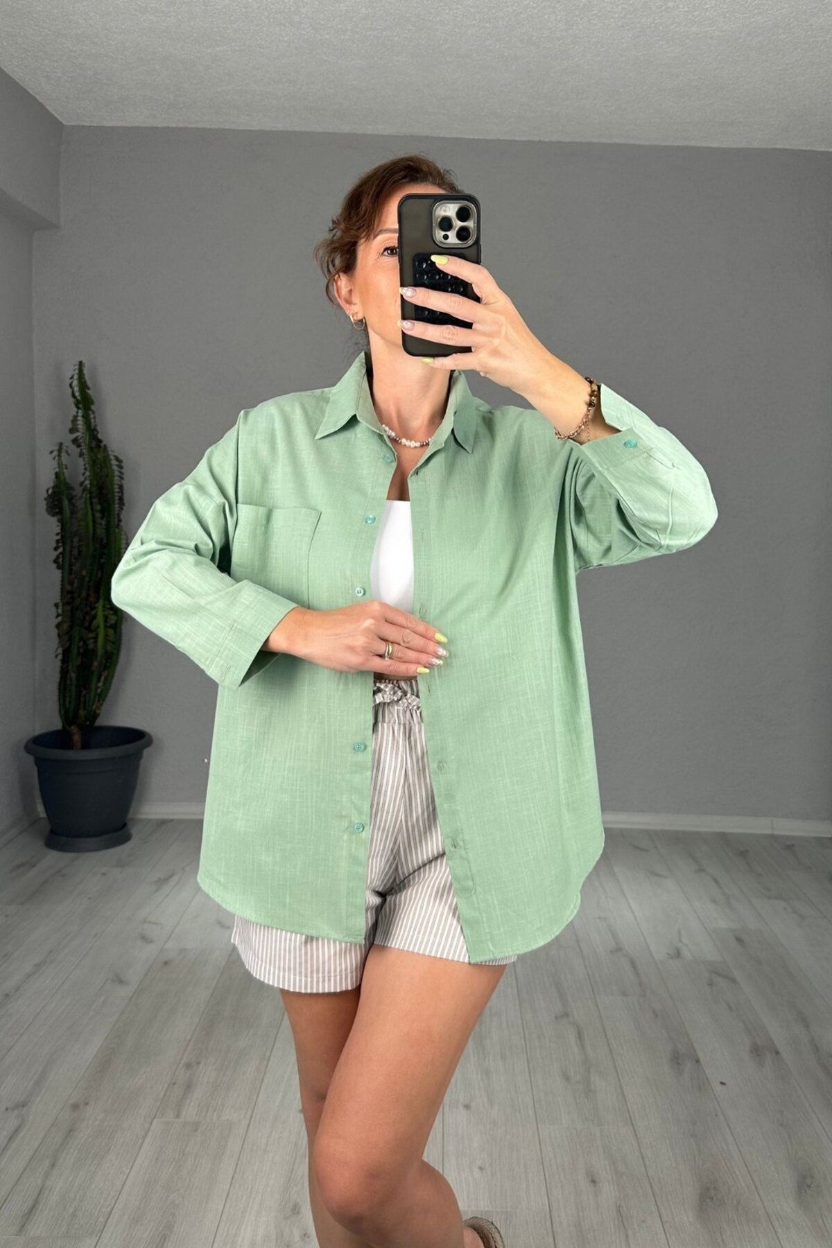 lady special Keten Tek Cepli Oversize Gömlek