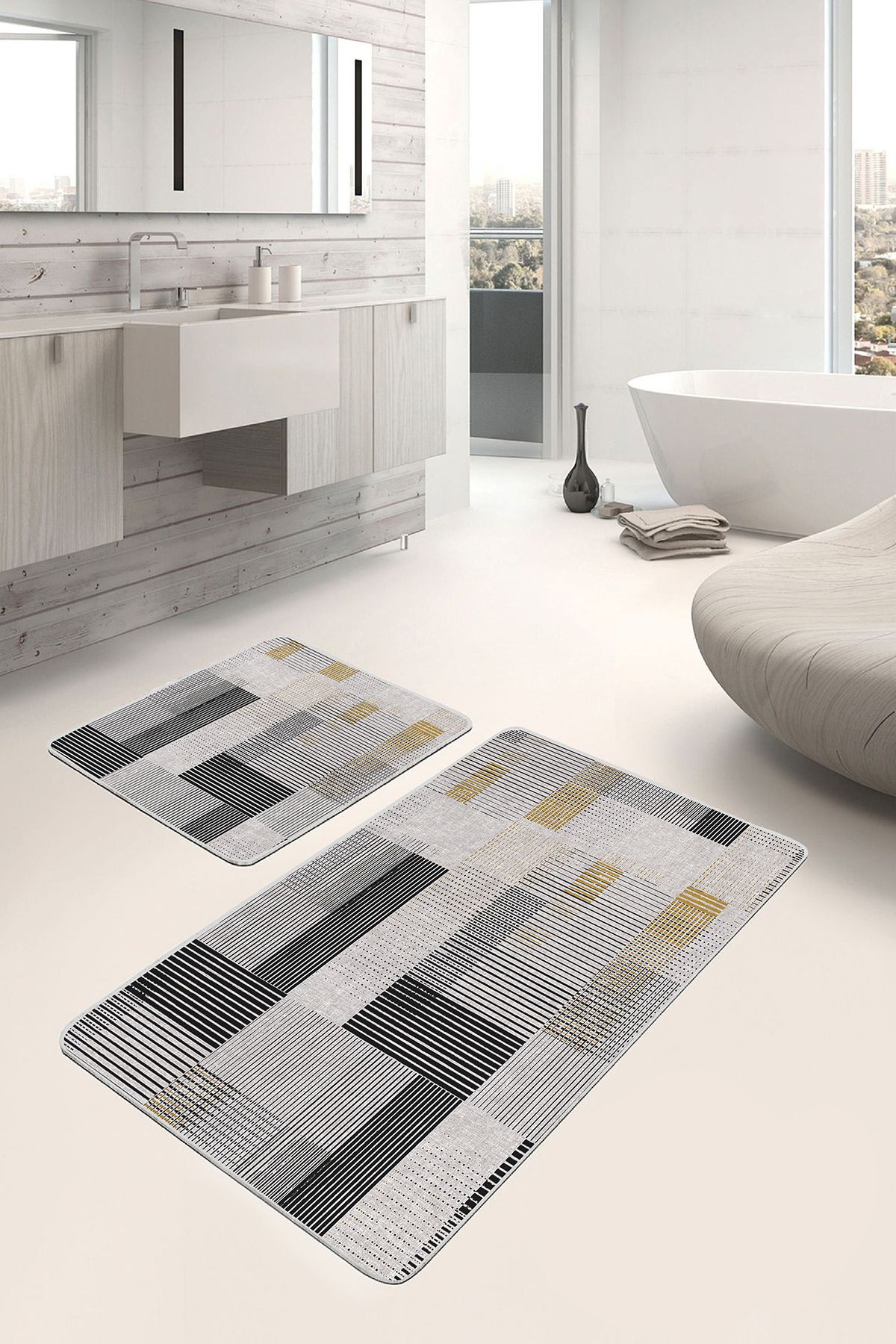 Realhomes Ekru - Siyah Zeminde El Dokuma Motifli Kilim Sade & Şık Geometrik 2'li Banyo & Mutfak Paspas Takımı