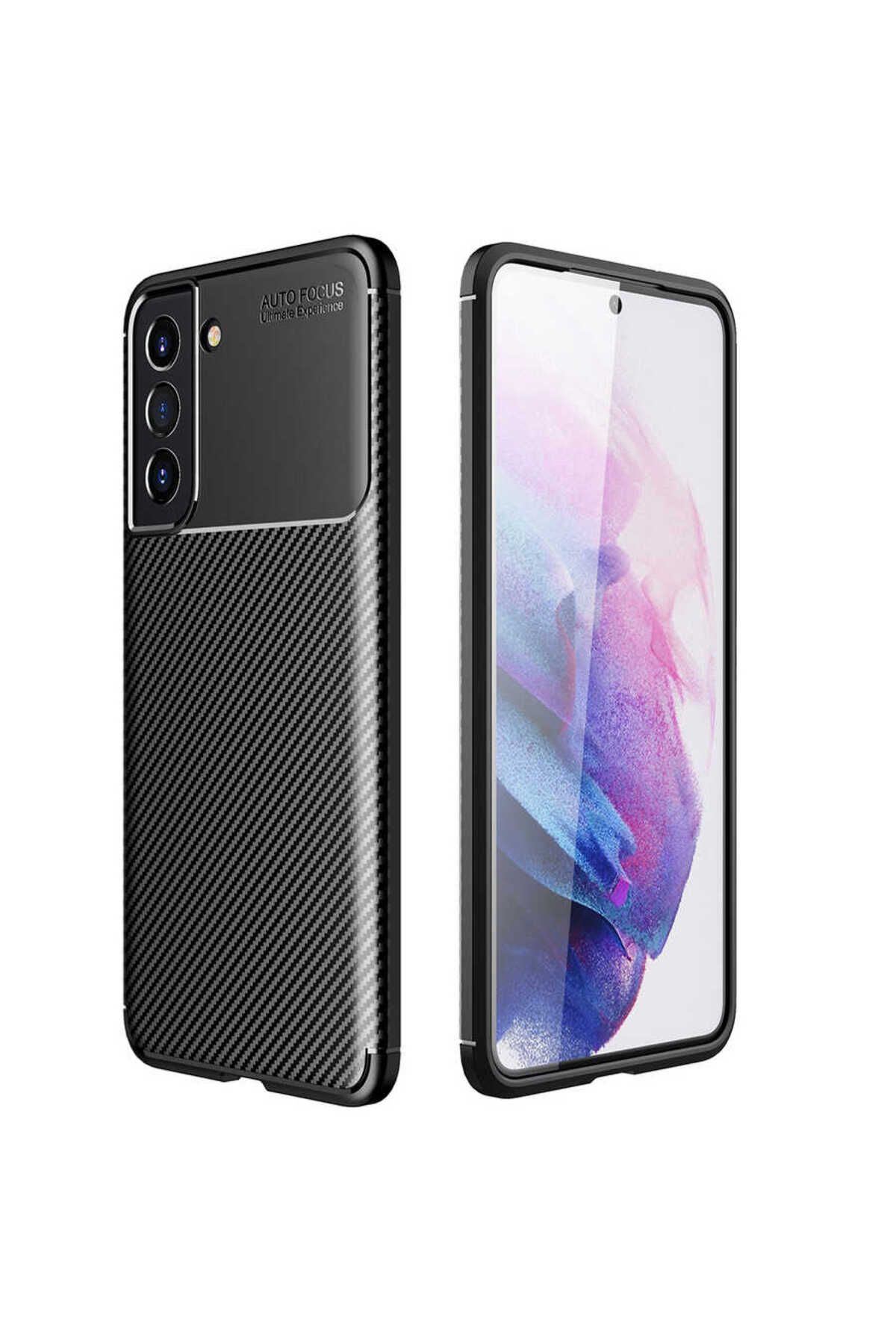 Ehr. Samsung Galaxy S21 FE Uyumlu Kamera Korumalı Darbe Önleyici Carbon Brushed Silikon Kılıf