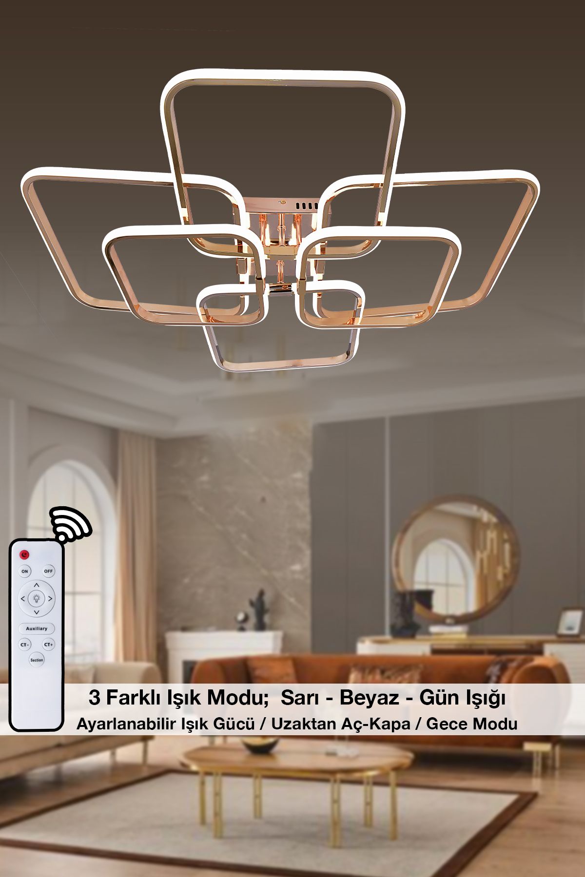 HİRALUCE Sofia 3 Renk Kumandalı Ve Dimmerli Gold ( Sarı Beyaz Ve Gün Işığı ) Kristal Taşlı Led Avize