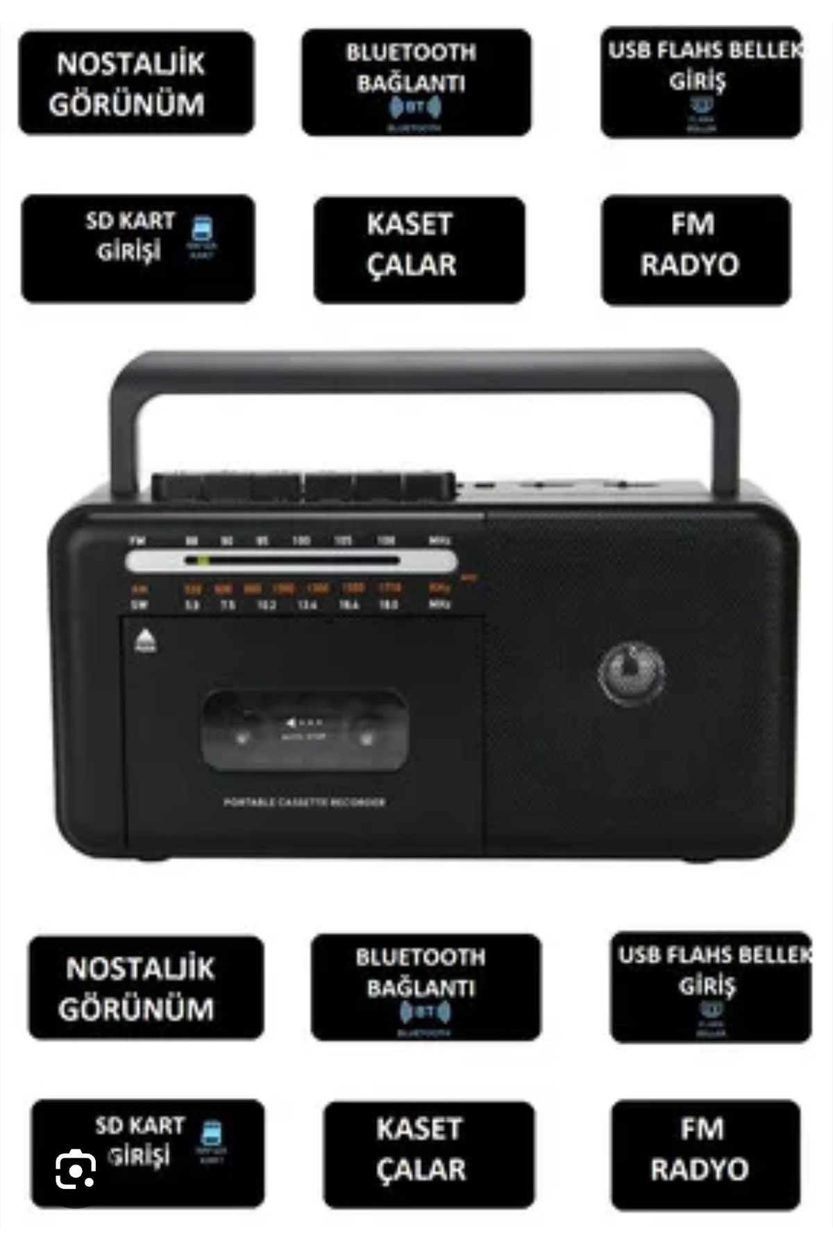 ErginGroup Taşınabilir Müzik Seti Kaset Çalar FM Radyo USB MP3 Player Bluetooth Hoparlör Retro Nostalji Radyo