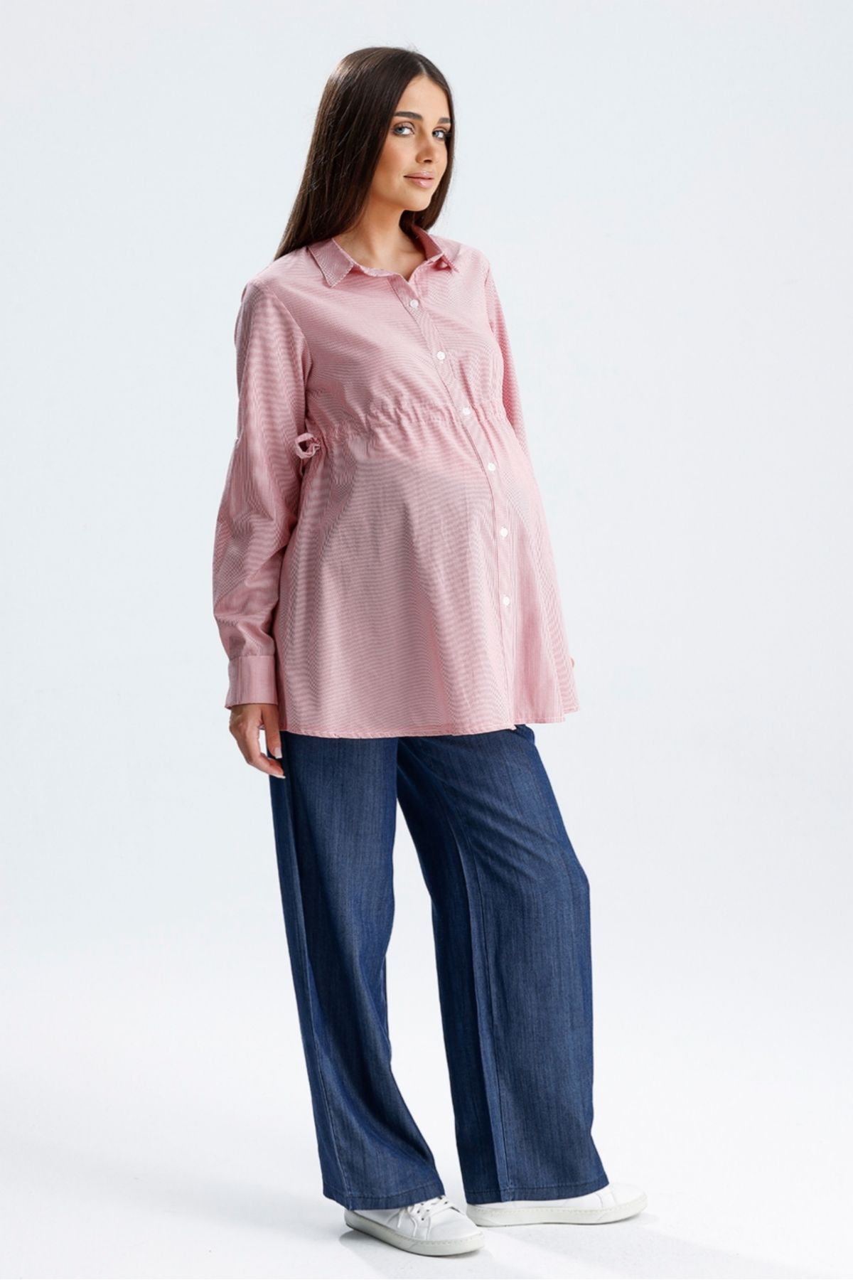 KATLİN MATERNİTY WEAR Hamile Gömlek, Çizgili Poplin Kumaş, Yanlardan Bağcık ve Kollar Kıvrımlı Detaylı