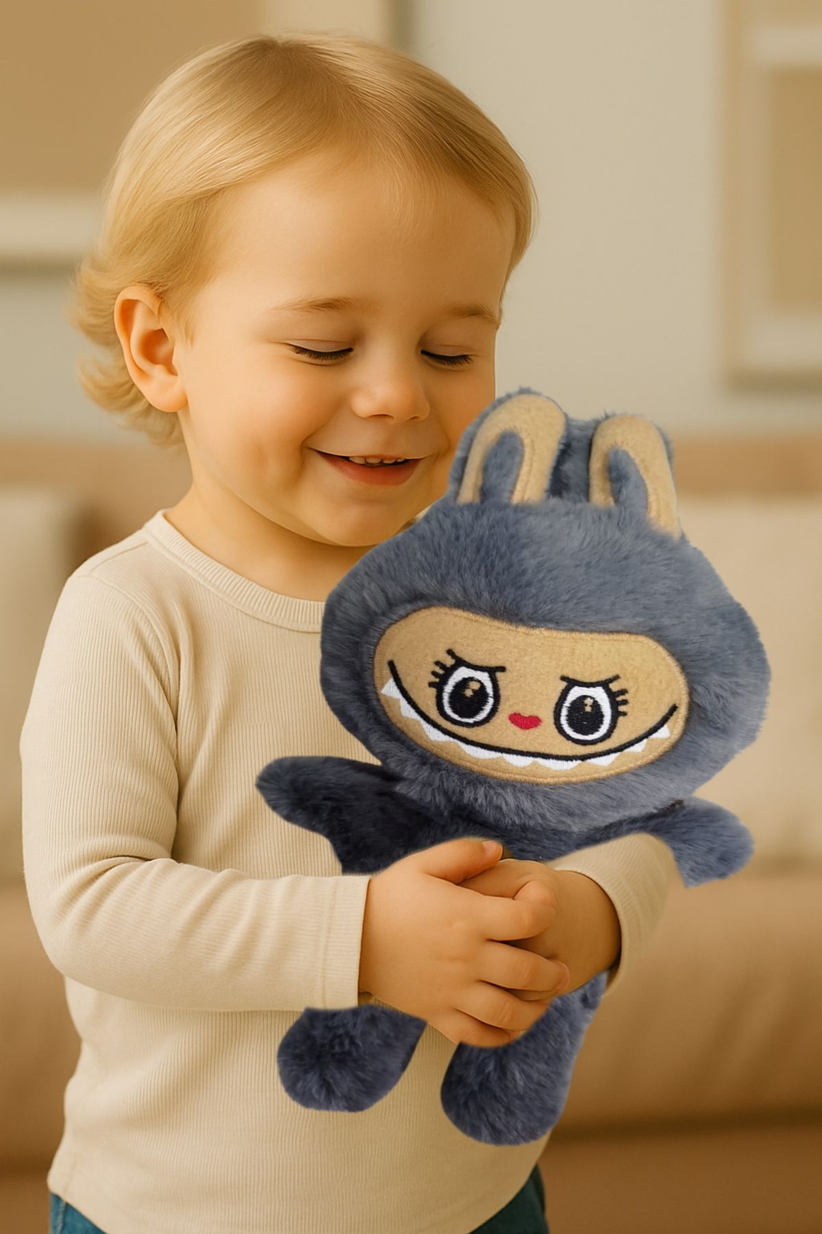 Hediye Molası Labubu Peluş Oyuncak 30 cm – Sevimli ve Yumuşacık Karakter Oyuncak Gri