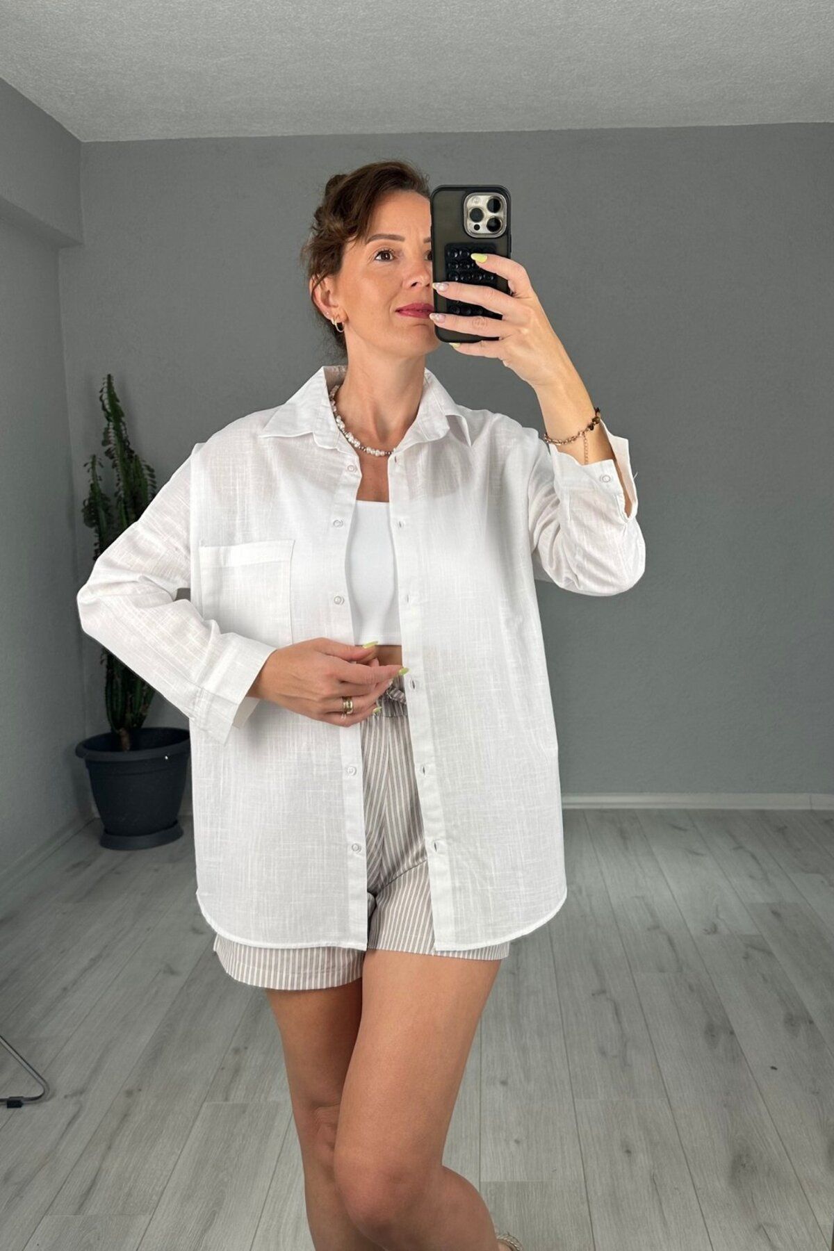 lady special Keten Tek Cepli Oversize Gömlek