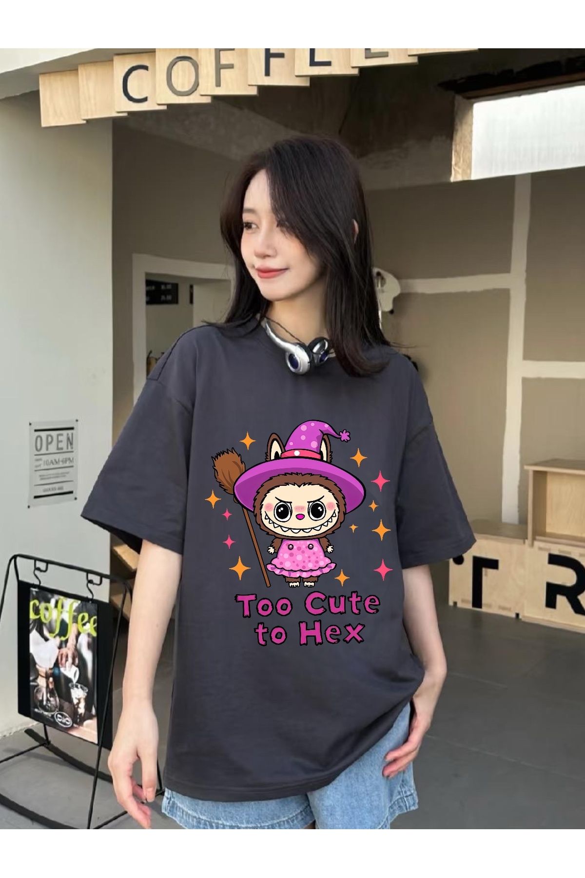 Minga London Füme Labubu Purple Witch Baskılı Oversize Tshirt -Minga London