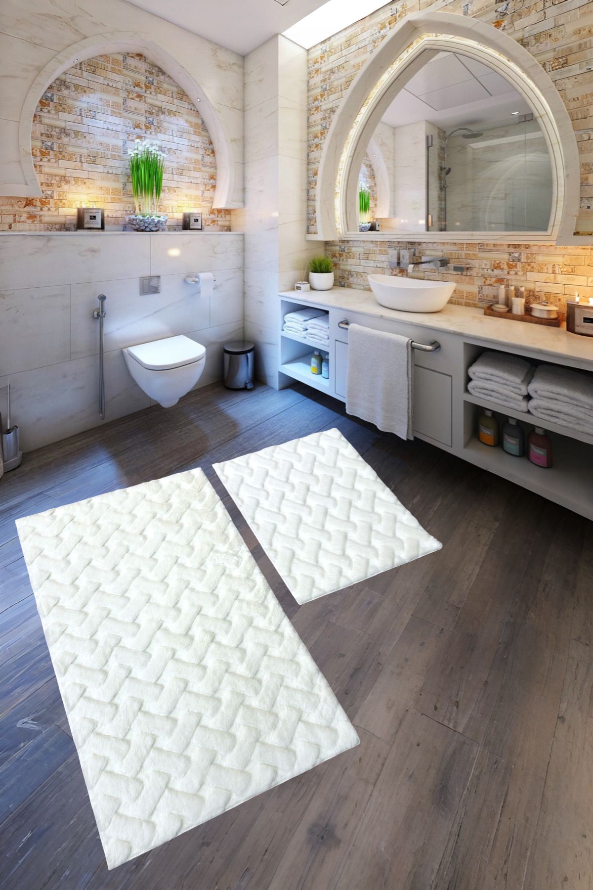 Myevilla Desenli Tavşan Tüyü Yumuşak 2’li Banyo Paspası – Kaymaz Tabanlı Klozet Takımı Krem