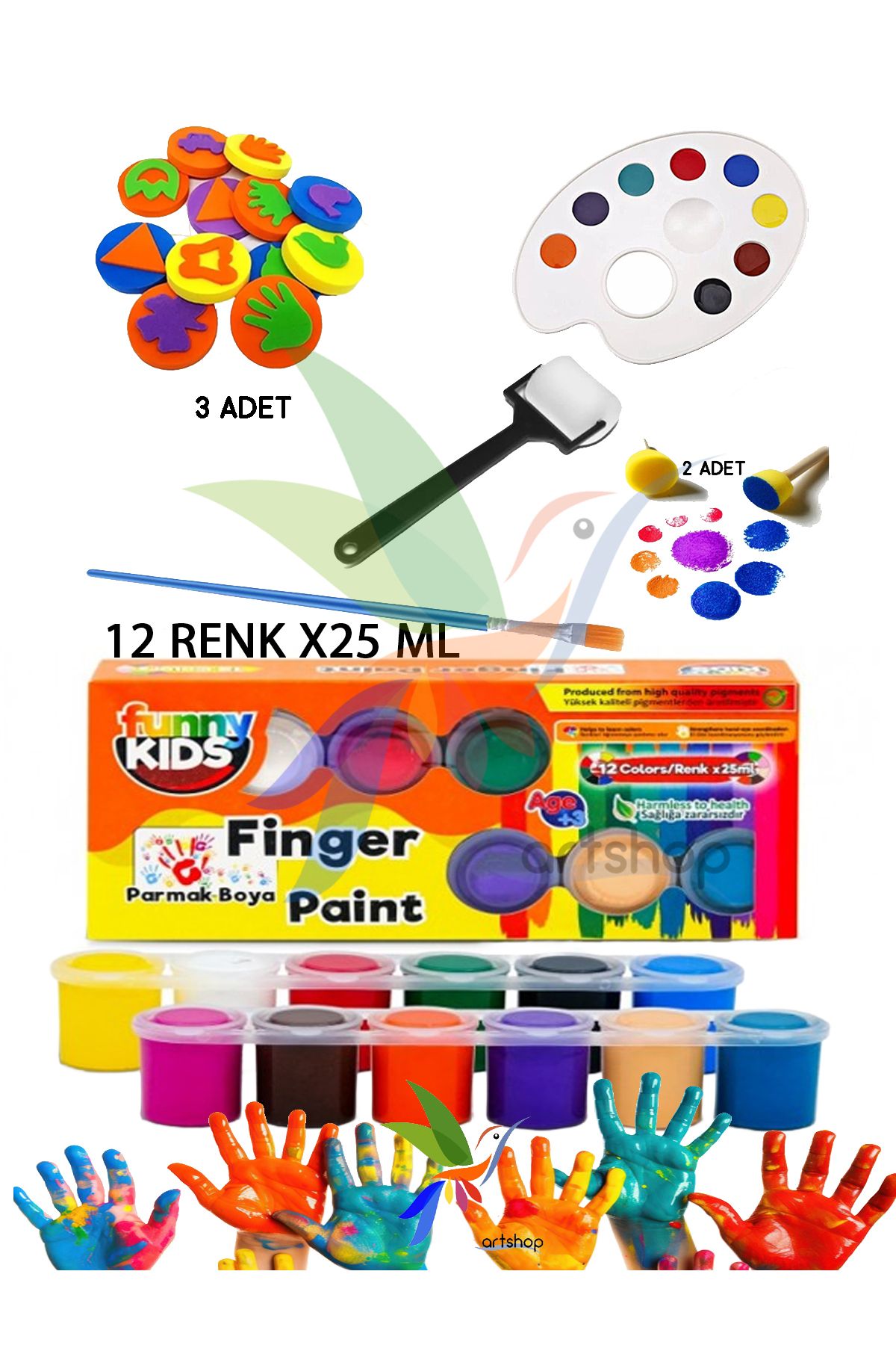 Artshop 12x25 ml Parmak Boyası, 3 Adet Eva Baskı, Ponpon Fırça, Sünger Rulo, Palet, Fırça Çocuk Boyama Seti