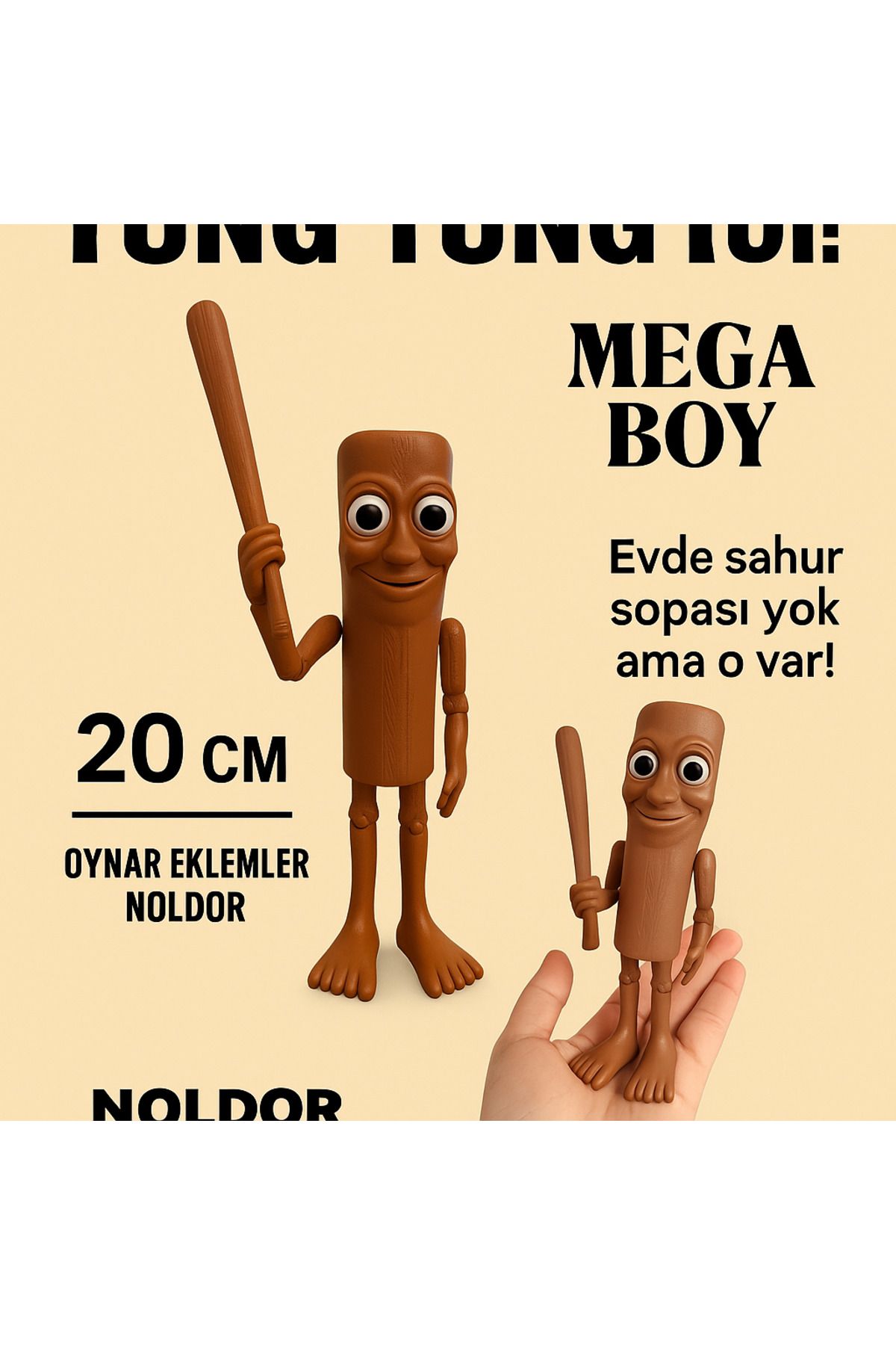 Noldor MEGA BOY | Tung Tung Tung Sahur Figürü | Eklemli Brainrot Oyuncak – 15 cm