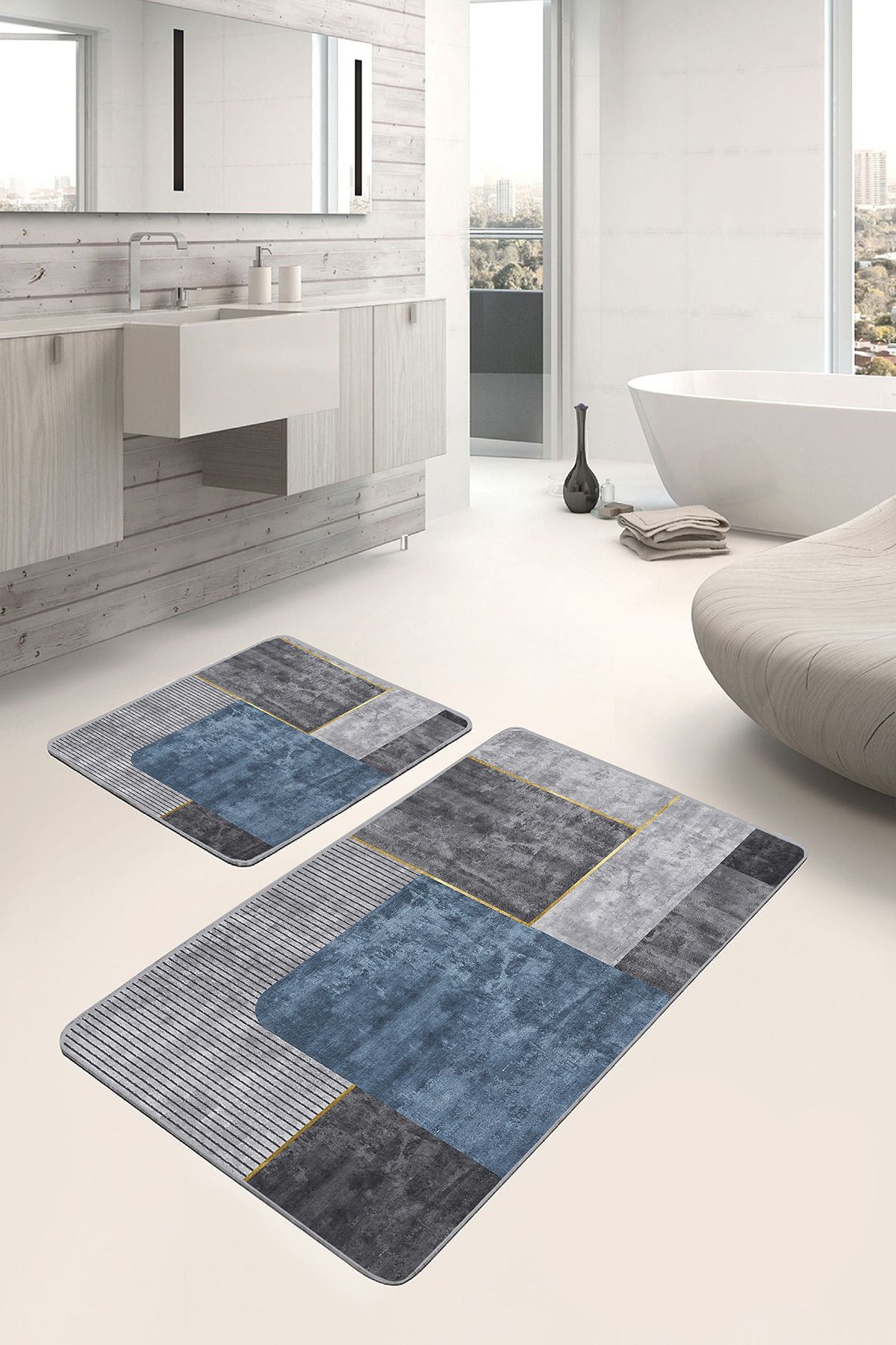 Realhomes Füme - Mavi Zeminde Geometrik Motifli Modern Sanat Geometrik Sade & Şık 2'li Banyo Paspas Takımı