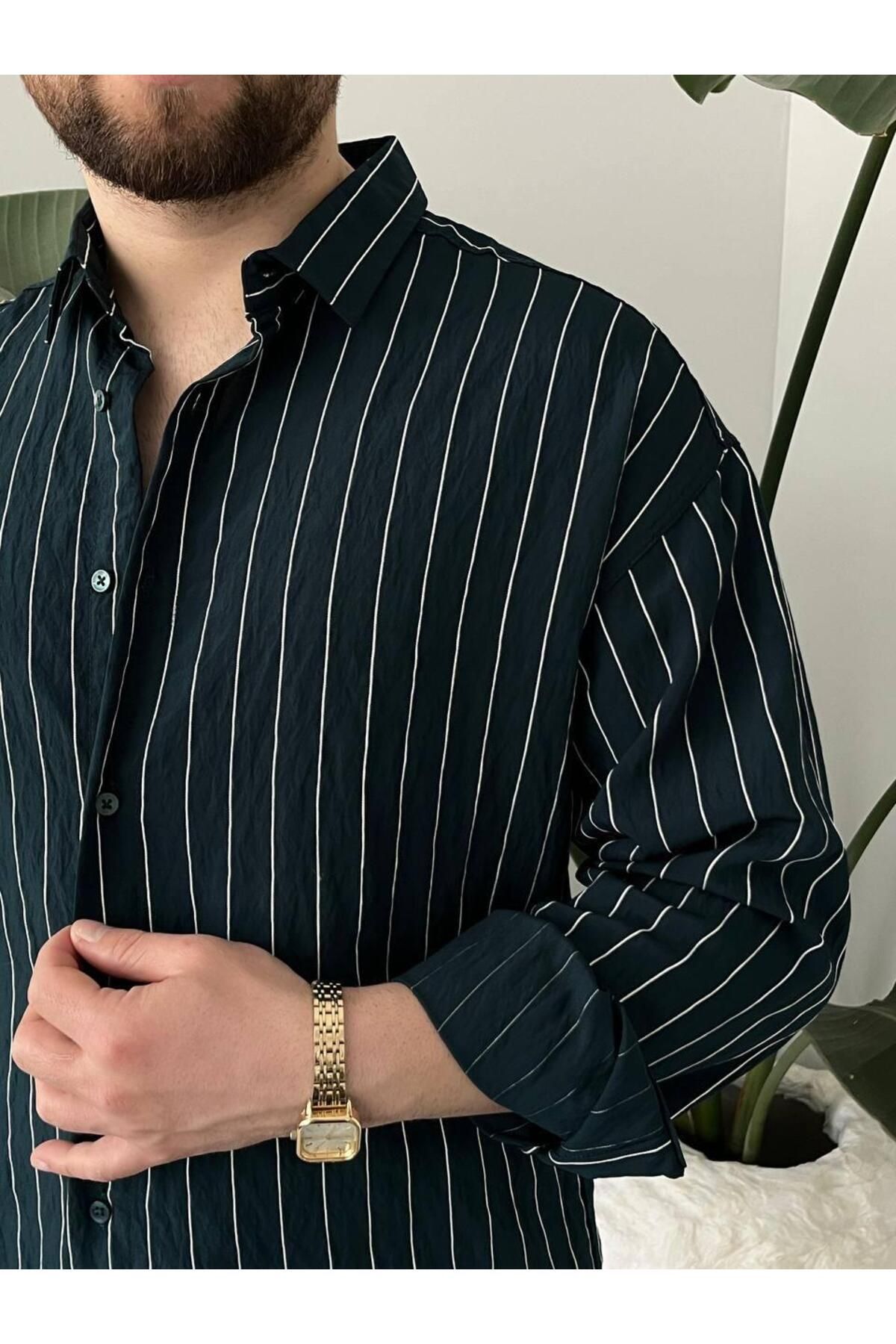 MODA YEŞİL ÇİZGİLİ İNCE GÖMLEK