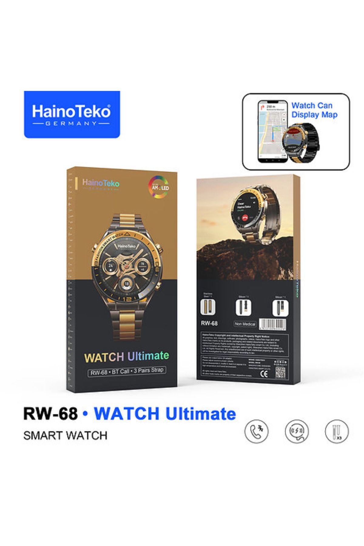 BellaThec RW68 Akıllı Saat GPS Harita Okuma Özellikli Spor IP67 Suya Dayanıklı 3 Kordon