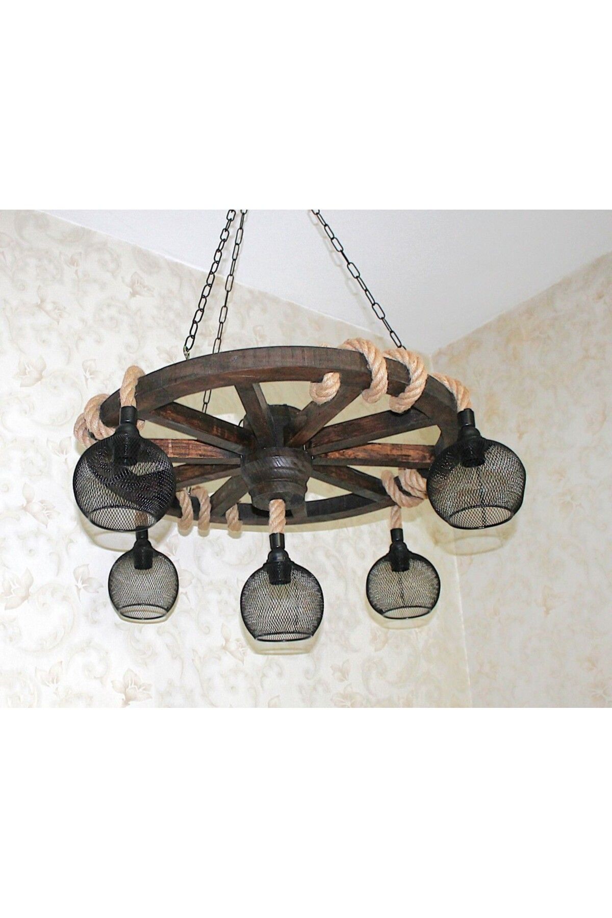 Otantik Çarşı Otantik Çarşı Ahşap Teker Avize 70 cm. 5 Duylu Metal Kafesli