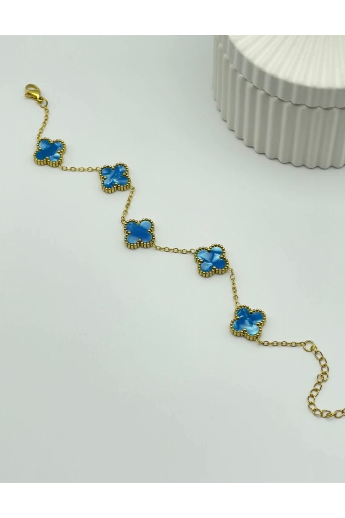 EnazStore 316l Çelik Gold Zincir 5 Yaprak Yonca Model Mavi bileklik