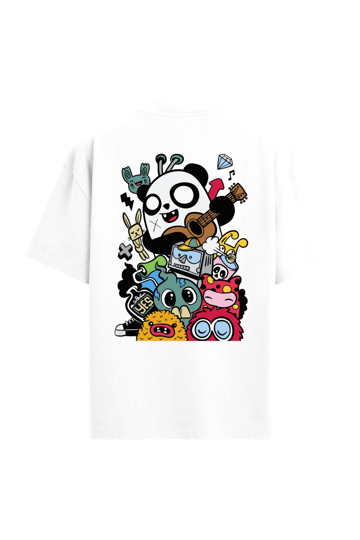 Colermi Panda ve Karakterler Sırt Baskılı Oversize T-Shirt