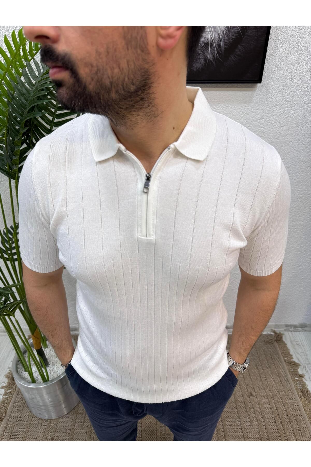 Yubacollection Fermuarlı Triko Tshirt Beyaz
