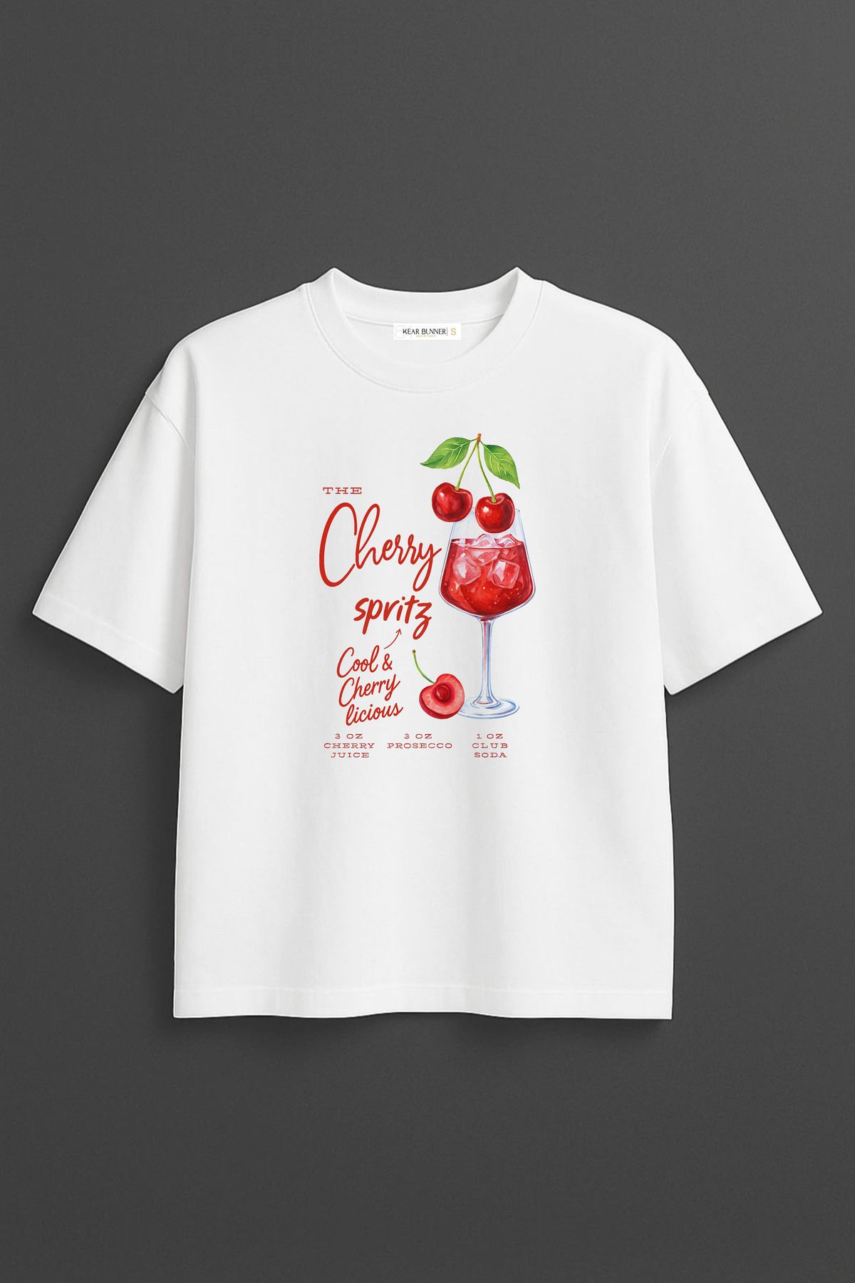 kear bunner Beyaz Özel Cherry Spritz Baskılı Tasarım Pamuklu Tişört