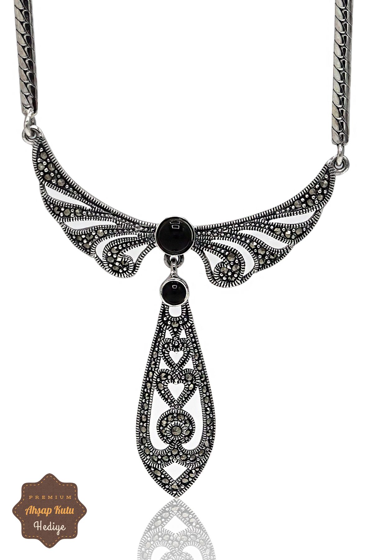 Midyat Nurtaş Gümüş Oniks Taşlı Melek Kanat Model Markazit Taşlı Gümüş Kadın Gerdanlık 201024266