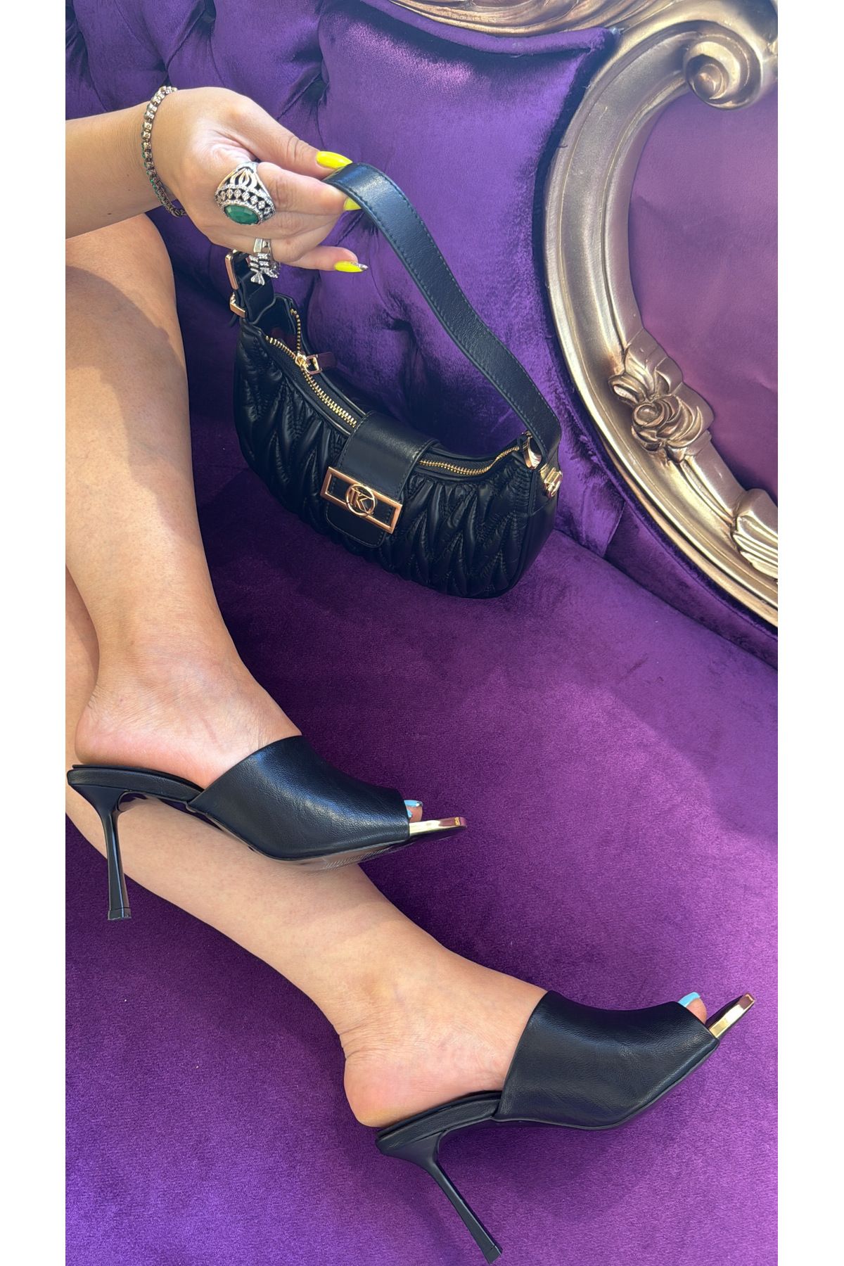 purple shoes Gold detaylı topuklu terlik