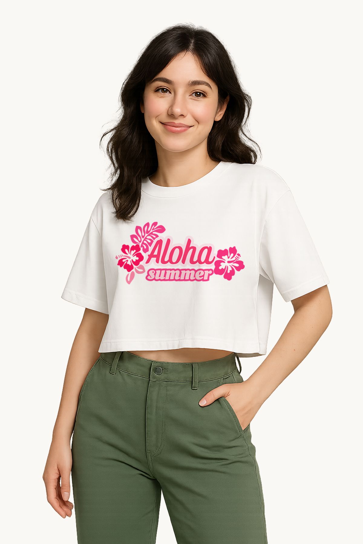 FANA Kadın Beyaz Kısa Tişört Aloha Summer Yazılı Çiçek Baskılı Yazlık