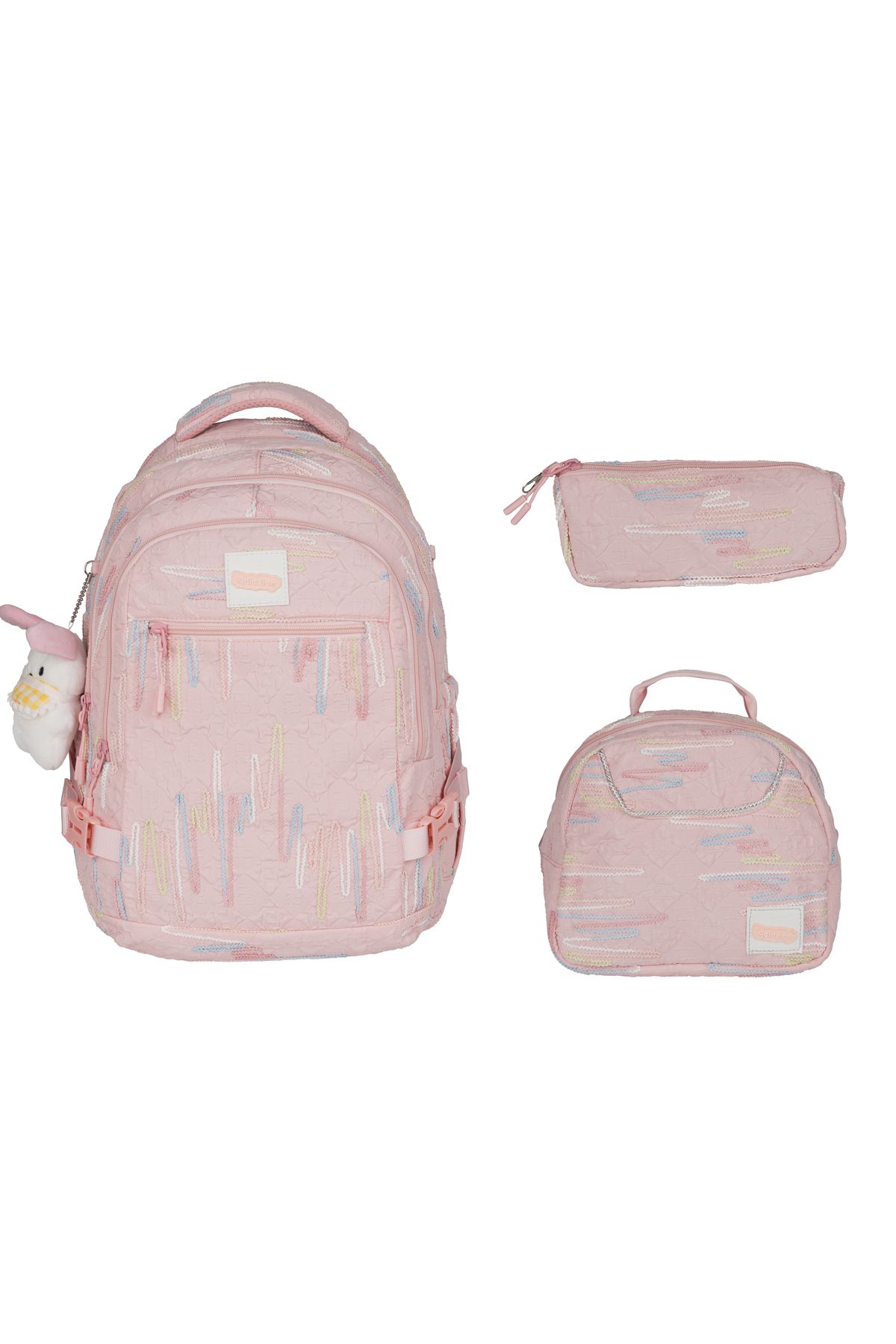 nacar çarşı Kız Çocuk Zigzag Desenli Pembe 3’lü Okul Çantası – Kore Tarzı , Peluş Detaylı Set
