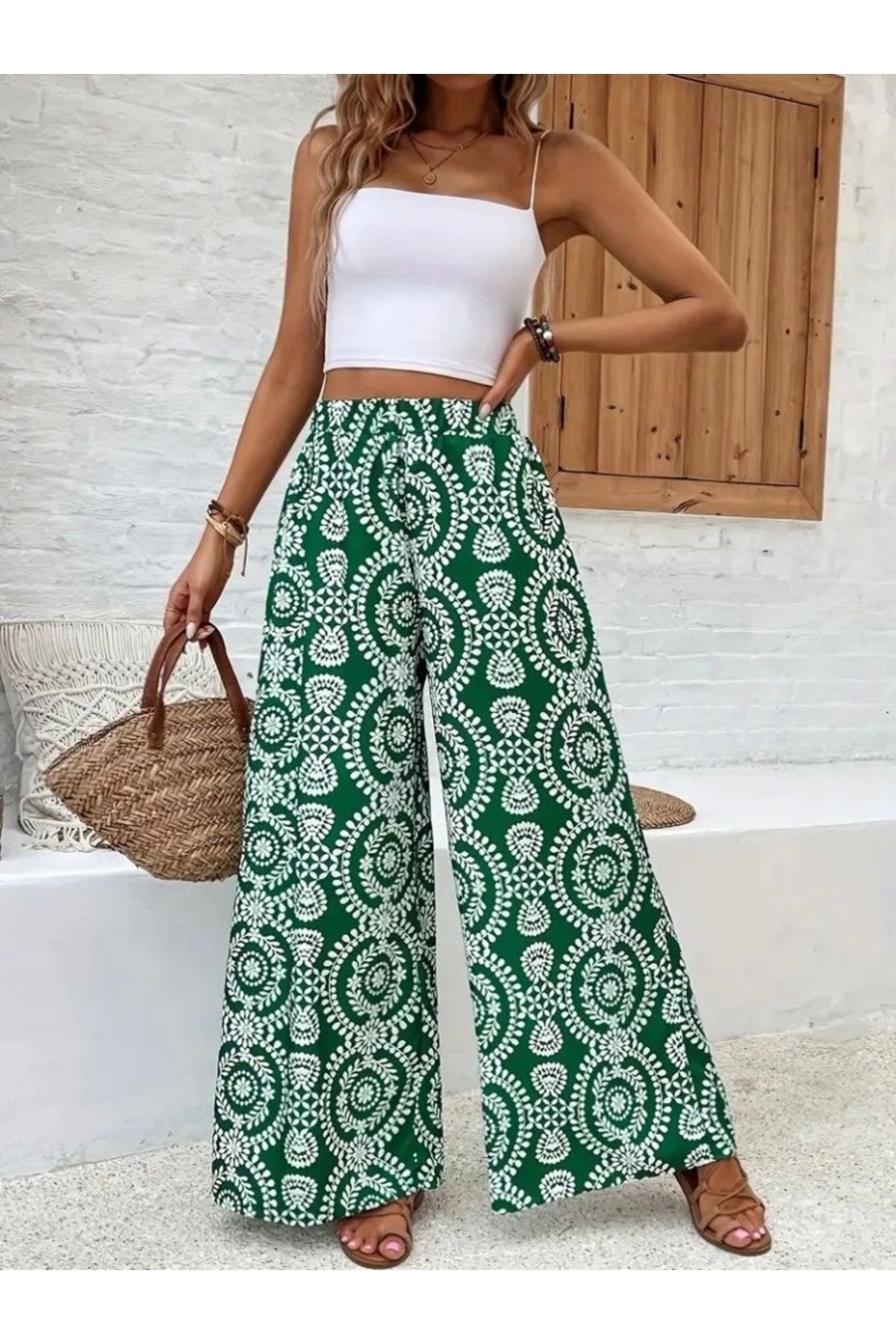 Butik Kadın Yüksek Bel Desenli Geniş Paçalı Süprem Pantolon