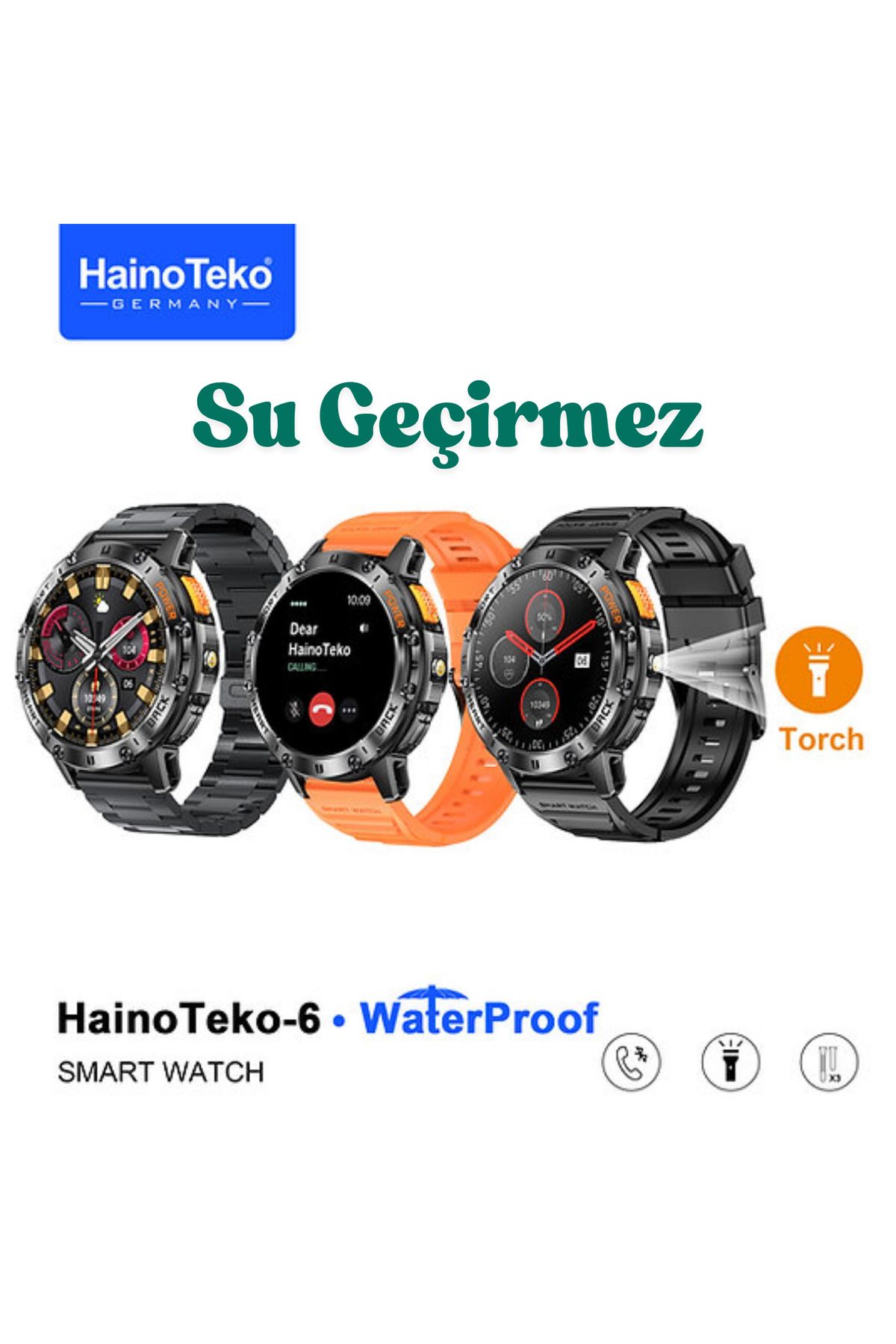BellaThec HainoTeko Teko-6 AMOLED Akıllı Saat El Fenerli 3 Kayış Su Geçirmez Akıllı Model