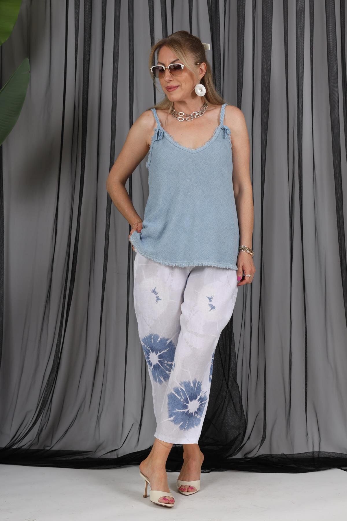 MİSLİNA BUTİK İthal Keten Batik Desen Beyaz Pantolon