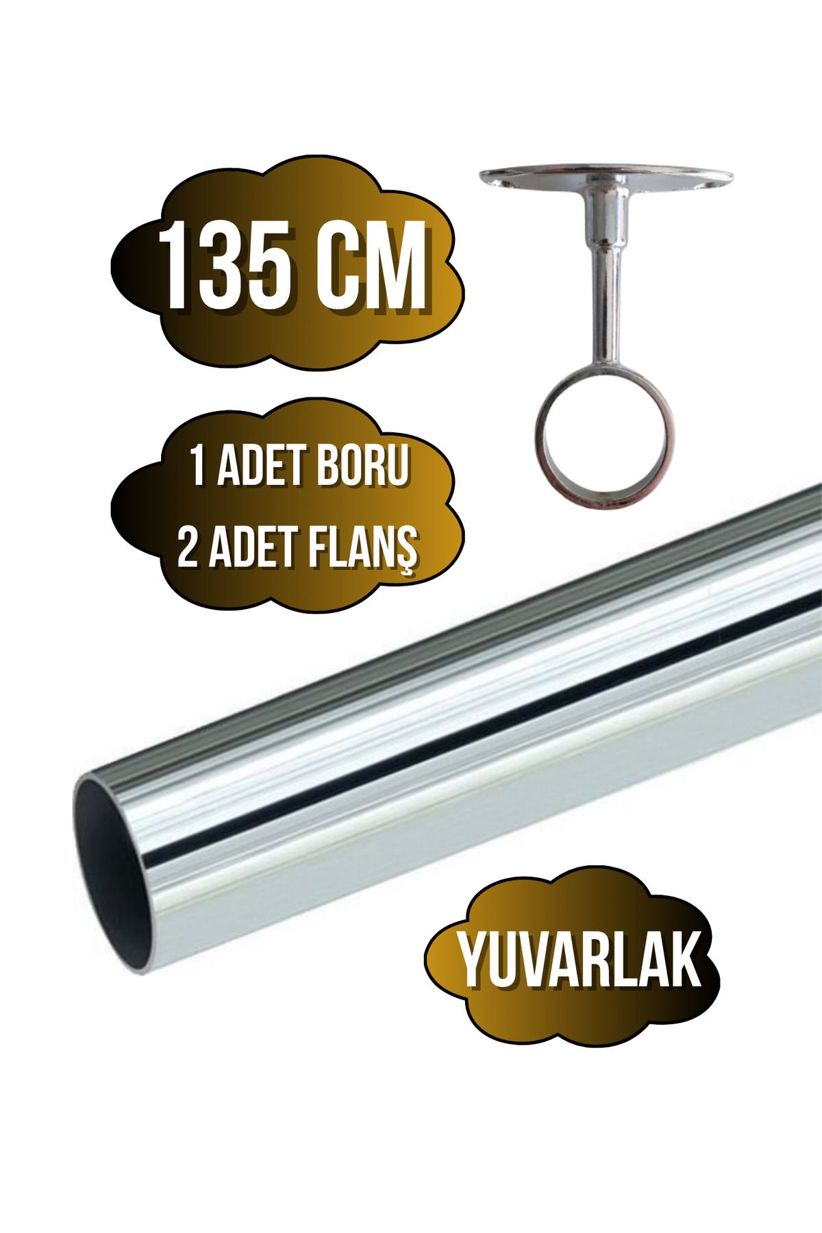 DSYapıAksesuar Metal Yuvarlak Krom Mobilya Dolap Askı Borusu(135CM)(2 ADET AYAKLI AÇIK FLANŞ-1 ADET BORU)(ÇAP:25MM)
