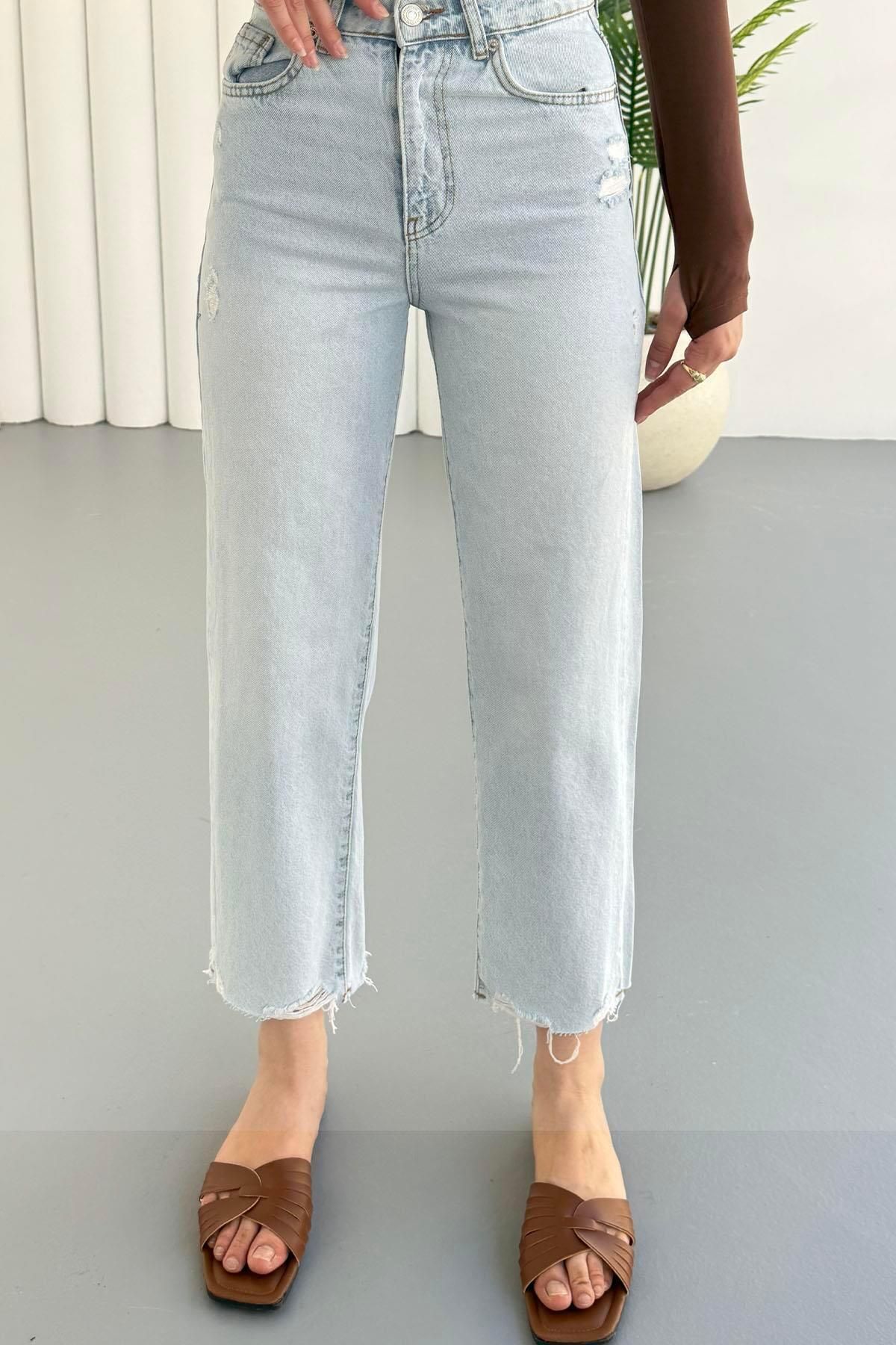 Modaensarbutik Paça Yırtmaçlı Düz Kesik Denim Pantolon-AÇIK MAVİ
