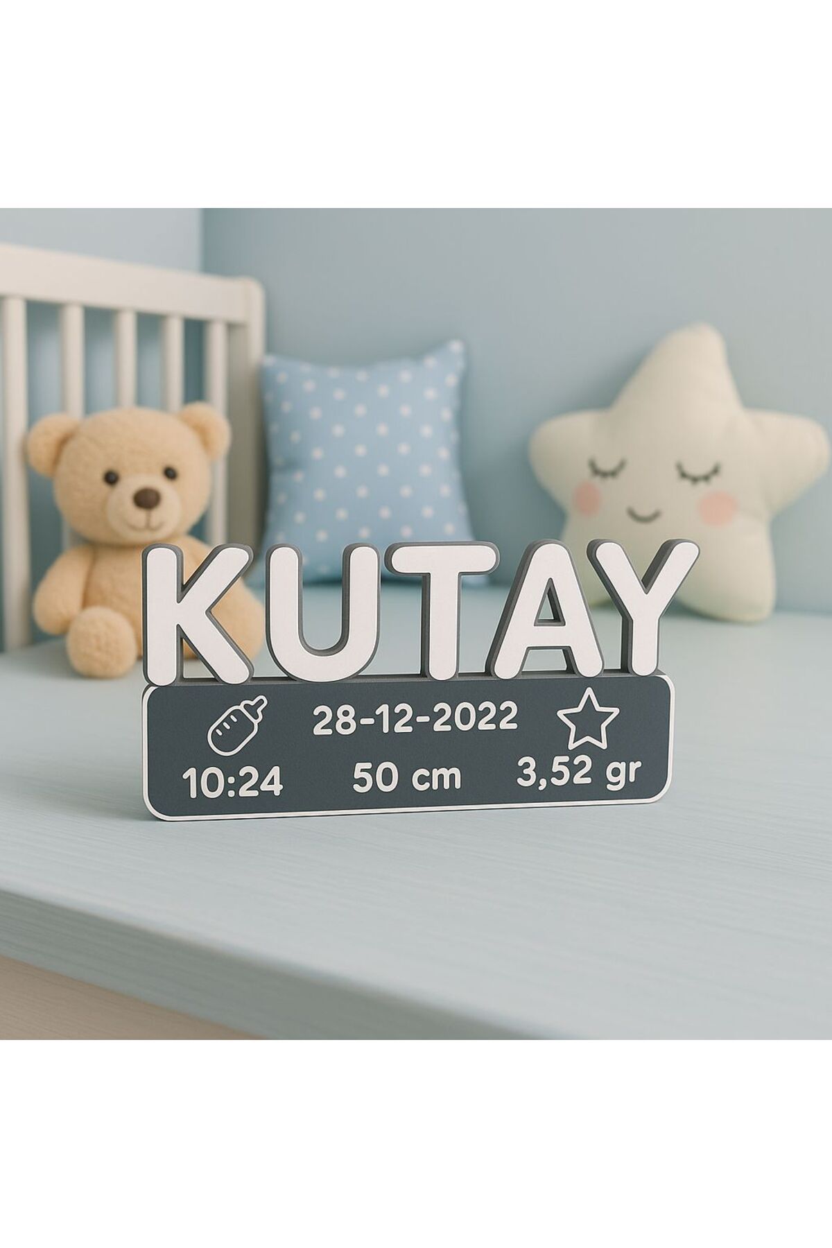 XOA Collection Kişiye Özel Yenidoğan Bebek İsimliği – Doğum Bilgili Masaüstü Dekor (3D Tasarım)