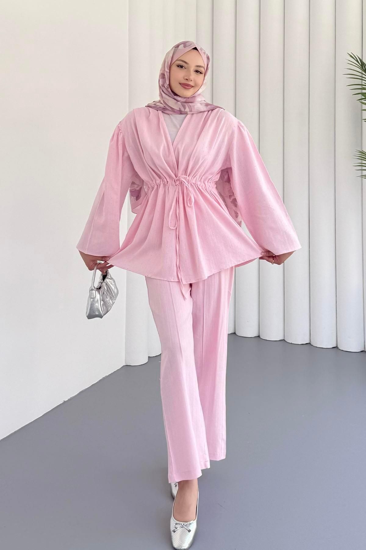 Modaensarbutik Belden Büzgülü Taş Serpmeli Keten Kimino Tesettür Takım-PEMBE