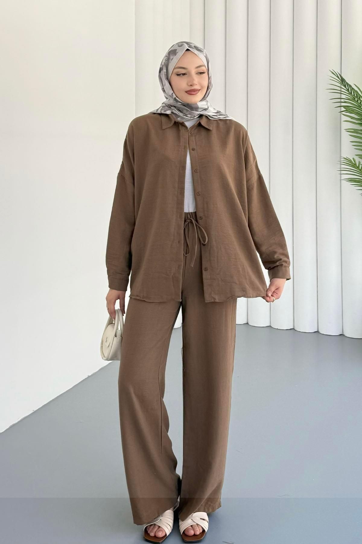 Modaensarbutik Gömlekli Keten Tesettür Takım-KAHVERENGİ