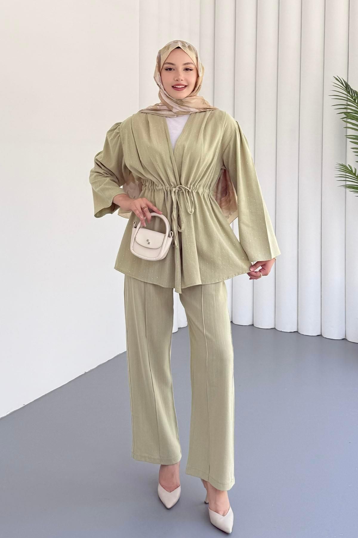 Modaensarbutik Belden Büzgülü Taş Serpmeli Keten Kimino Tesettür Takım-MİNT YEŞİLİ