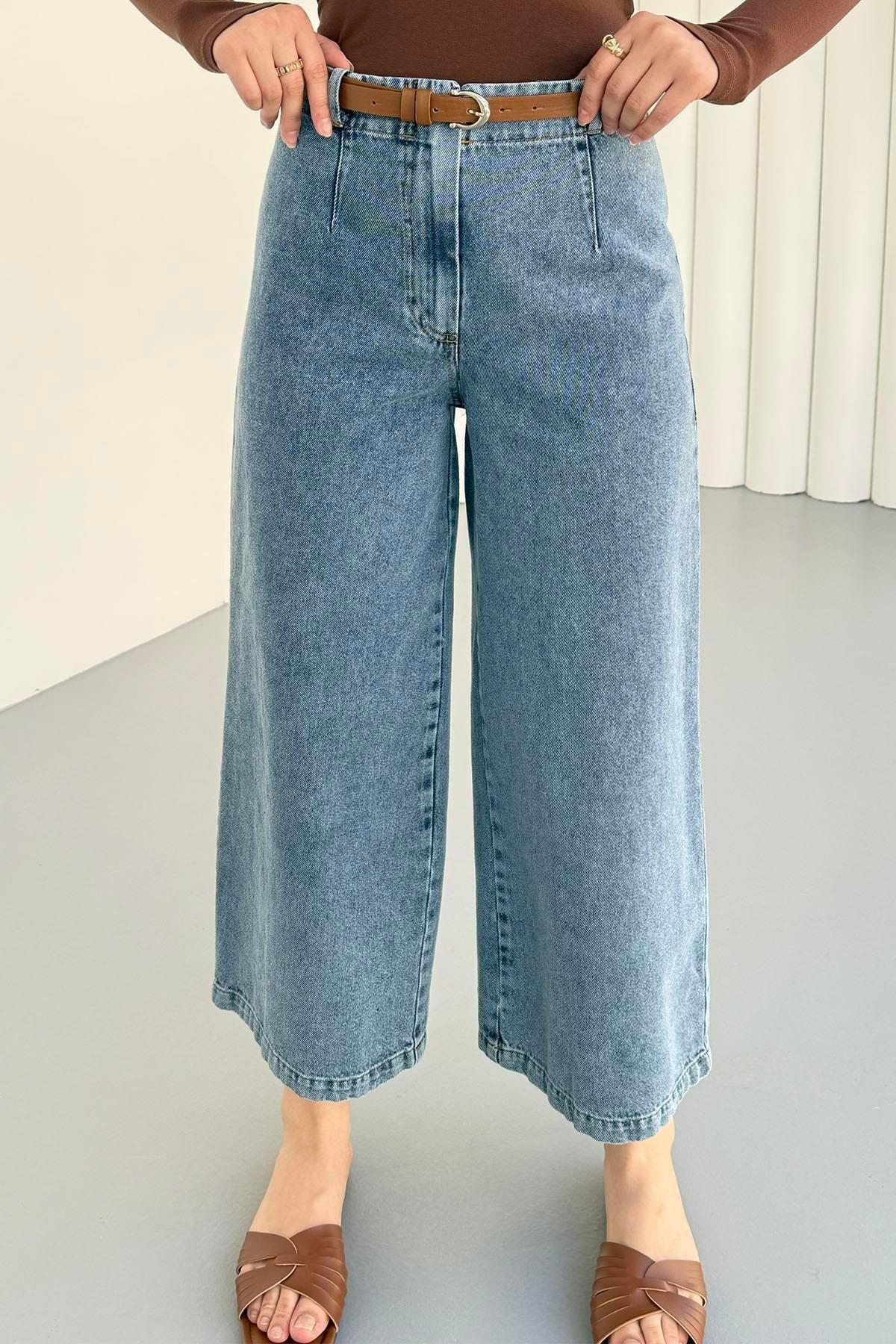 Modaensarbutik Beli Kemerli Denim Pantolon-AÇIK MAVİ