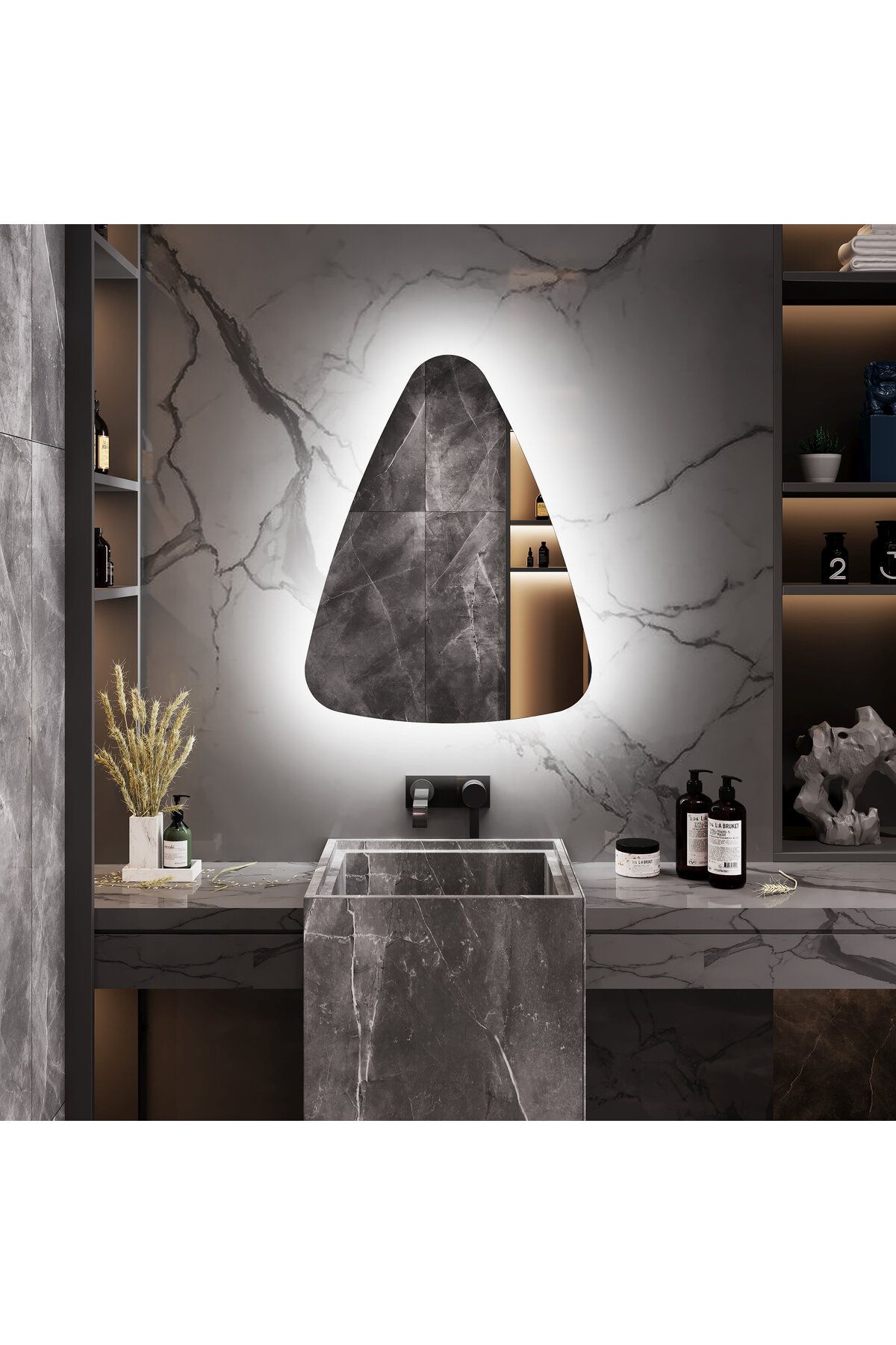 Aypars Atölye 40x51 cm LED Işıklı Asimetrik Duvar Aynası – Modern Banyo Tasarımı, 3000K & 6500K LED
