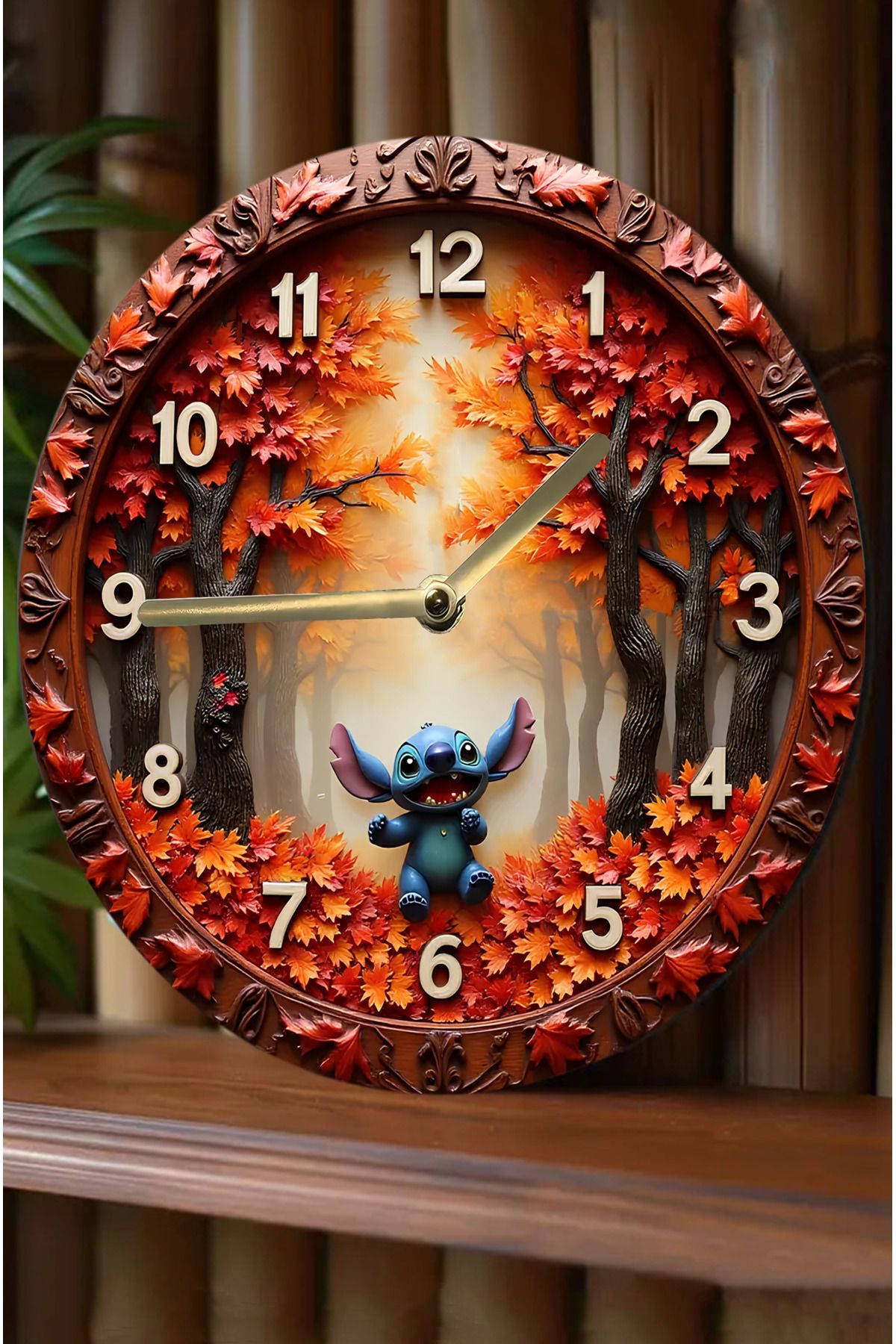 kutuTR 🎃 3D Görünümlü "Stitch ile Sonbahar" MDF Duvar Saati sdw323