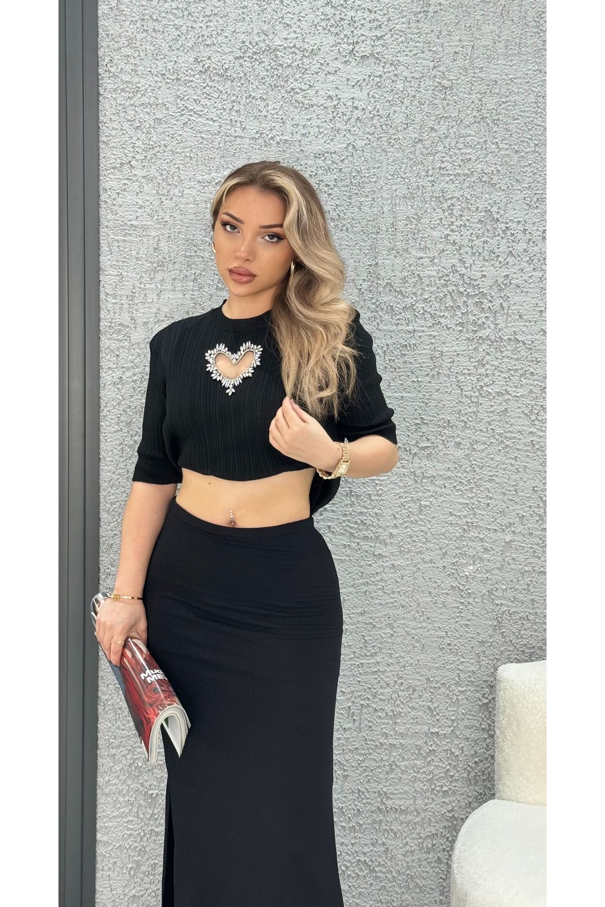 Neva Wear Glow Taş İşlemeli Kalp Detaylı Yarım Kollu Triko Tişört