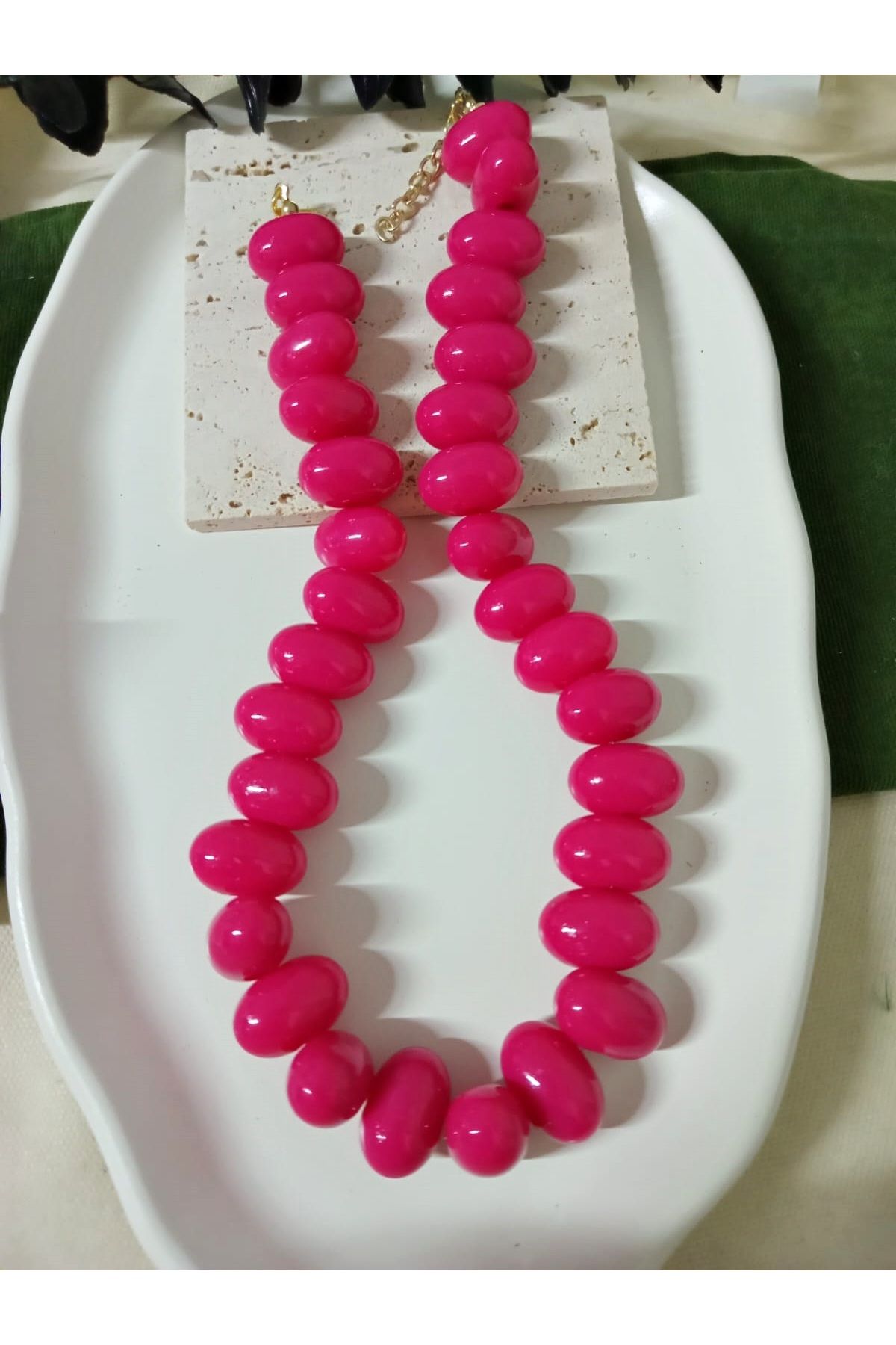 mos&more Marka Kolye, Fuşya İri Boncuklu Şık Kadın Kolye, Yaz Modası